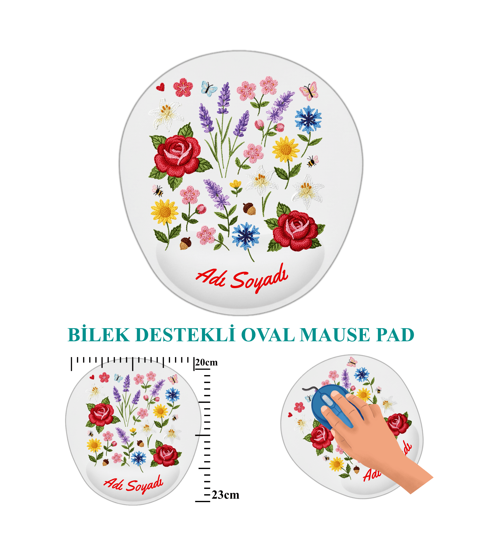 Çiçekler Temalı Baskılı Bilek Destekli İsimli Mause Ped
