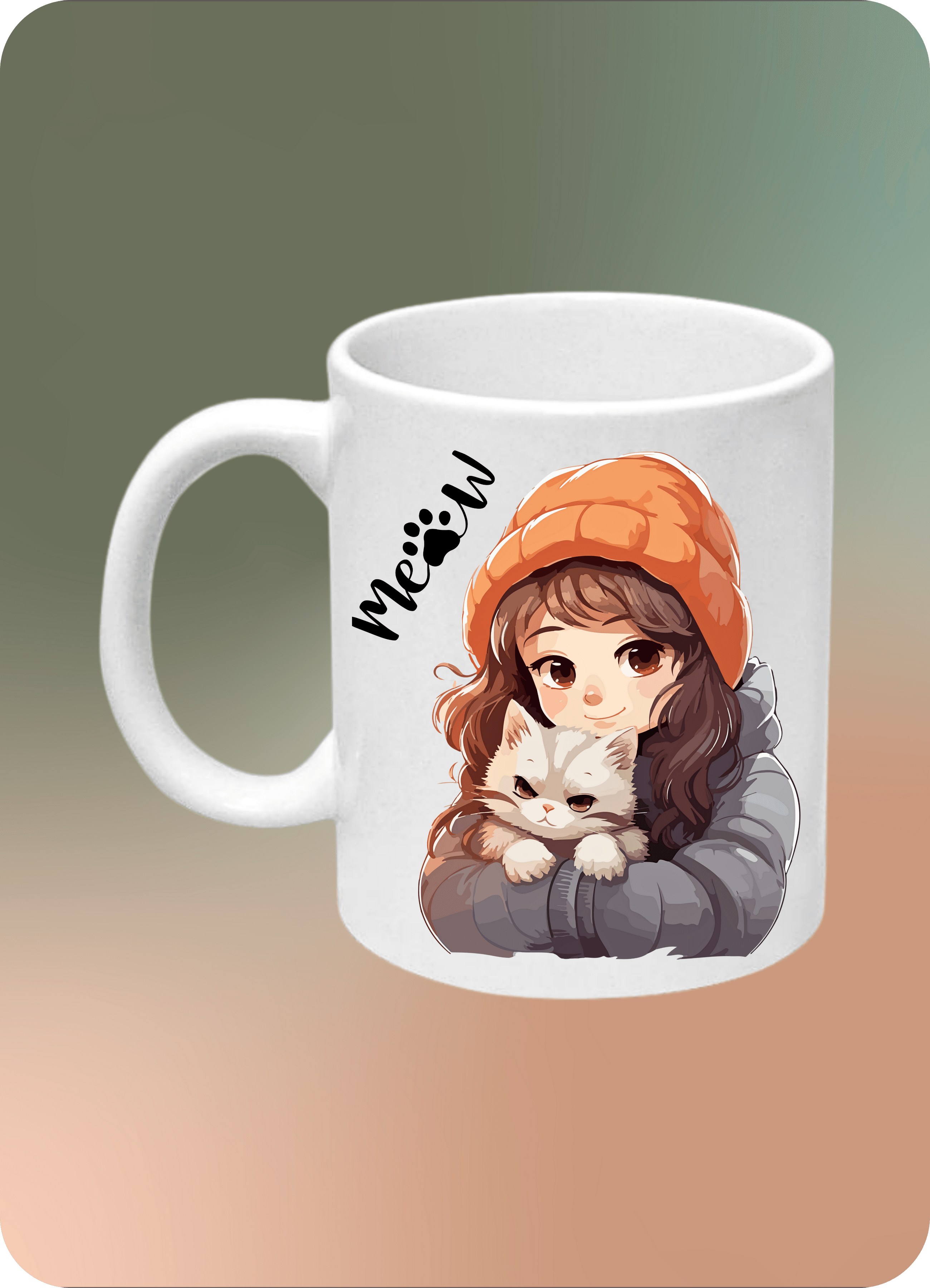 Meaw Kedili Kız Cute Cat Baskılı Kupa Bardak Çay Kahve Fincanı
