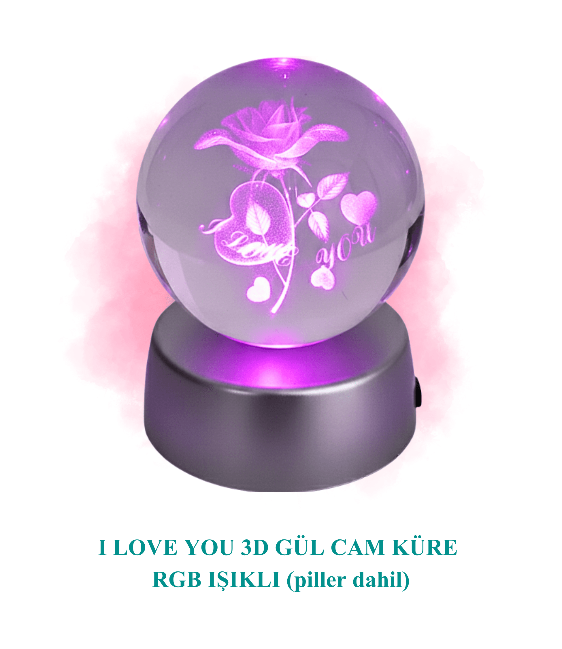 Cam Küre Rgb Işıklı Sevgiliye I Love You Gül Temalı Renk Değiştiren Standlı Pilli