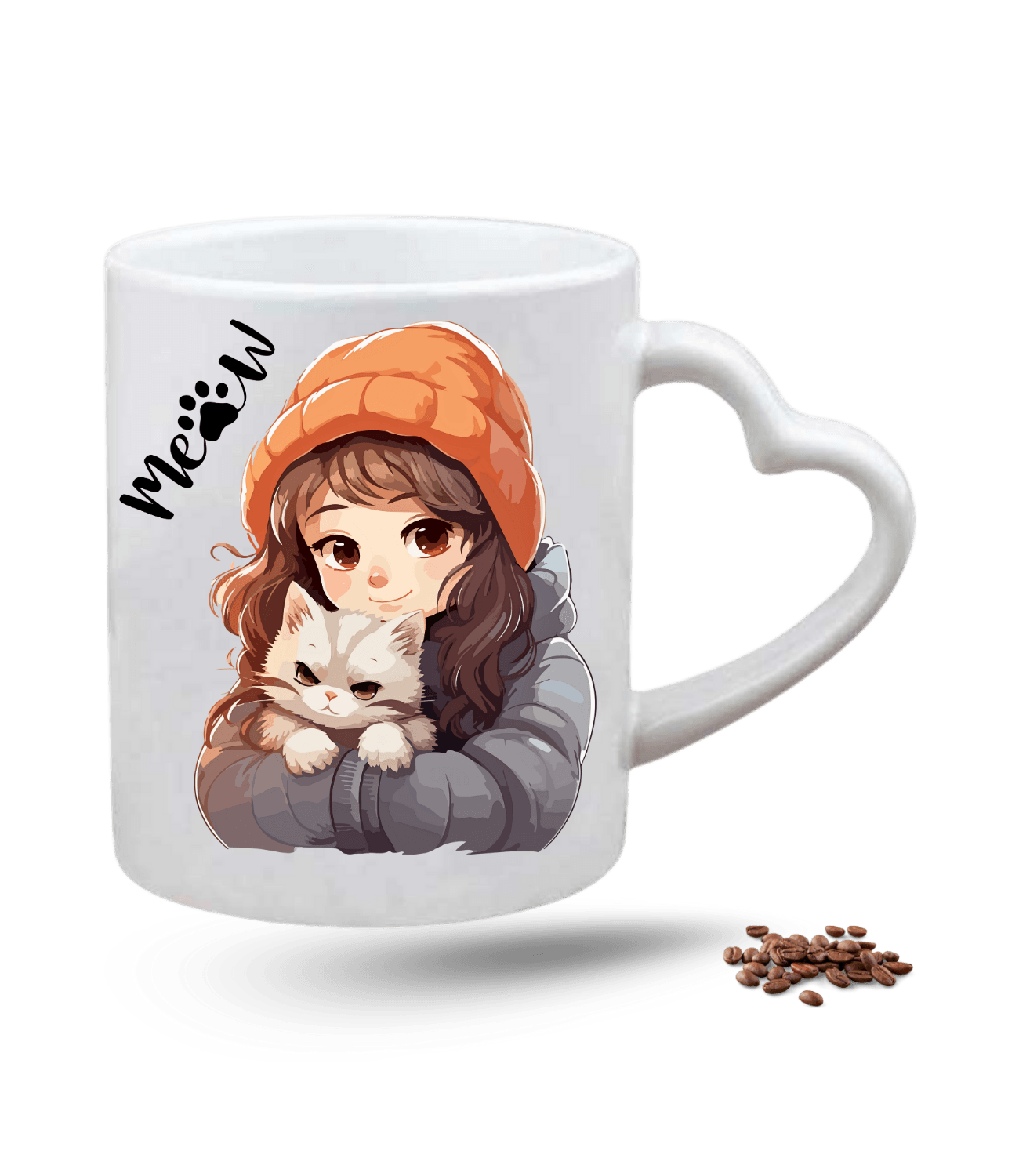 Meow Bereli Kız Kedi Sever Baskılı Porselen Kalp Kulp Kupa Bardak