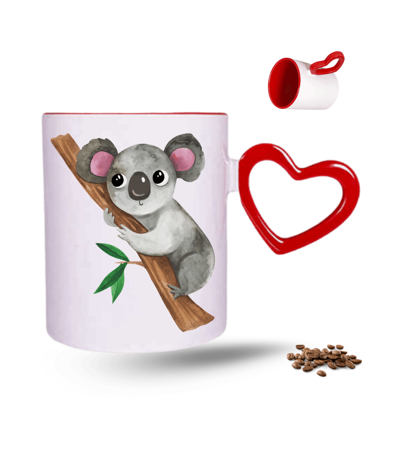 Sevimli Koala Baskılı Kırmızı Kalpli Porselen Kupa Bardak