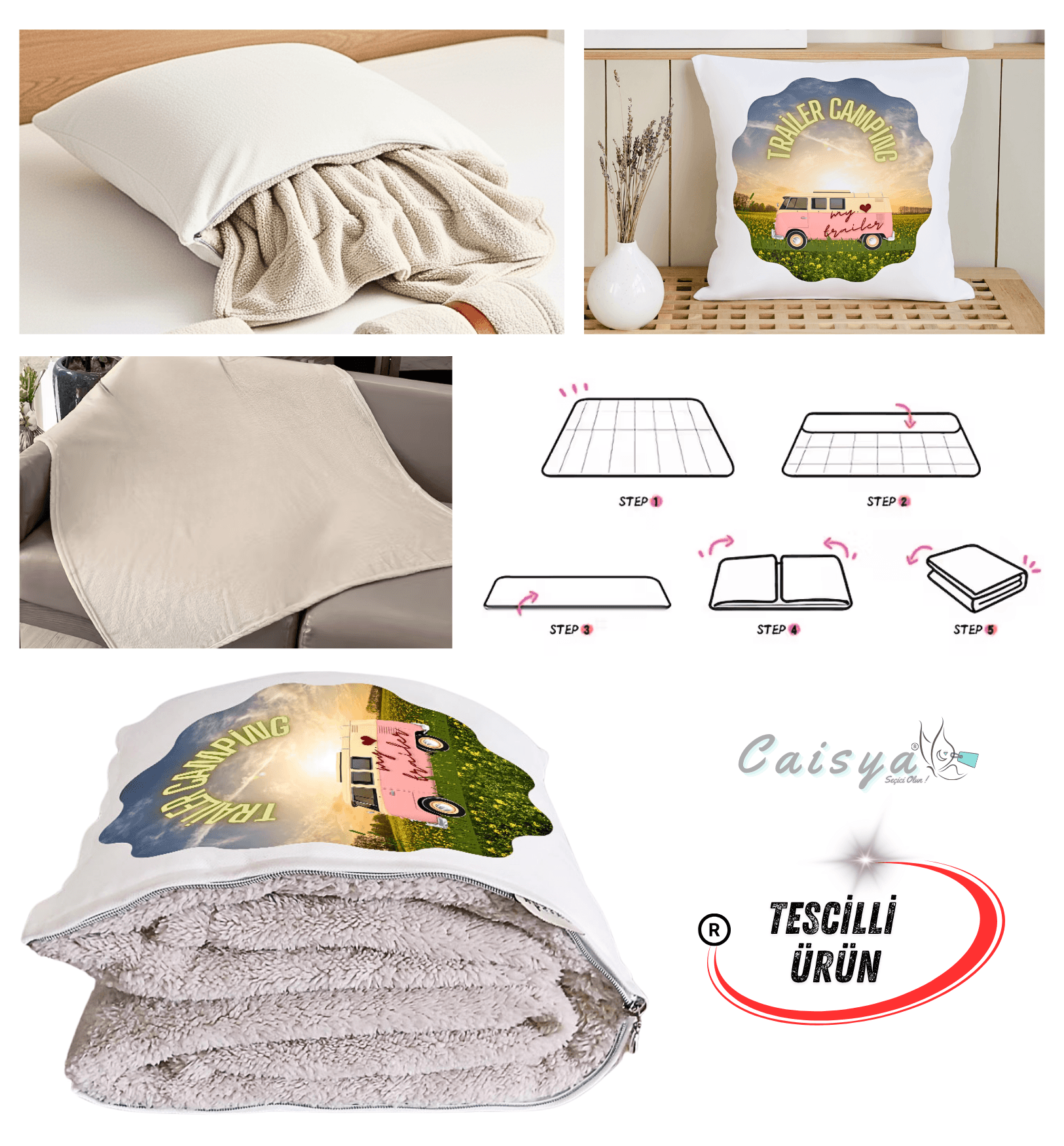 Camping Karavan Baskılı Tv Battaniyeli Opsiyonel Dekoratif Yastık Kırlent 2 in 1 Battaniye