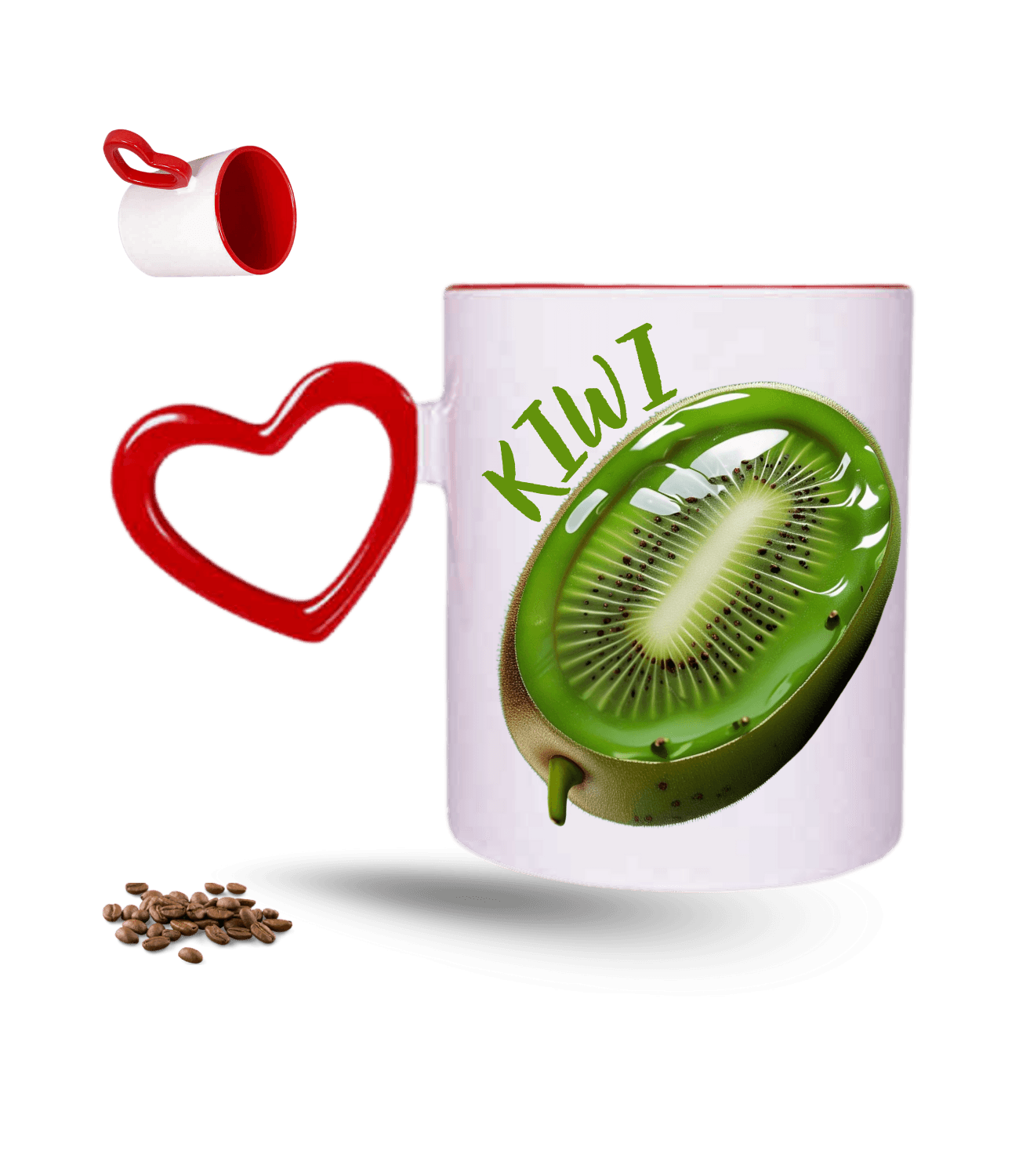 3d Kiwi Baskılı Kırmızı Kalpli Porselen Kupa Bardak