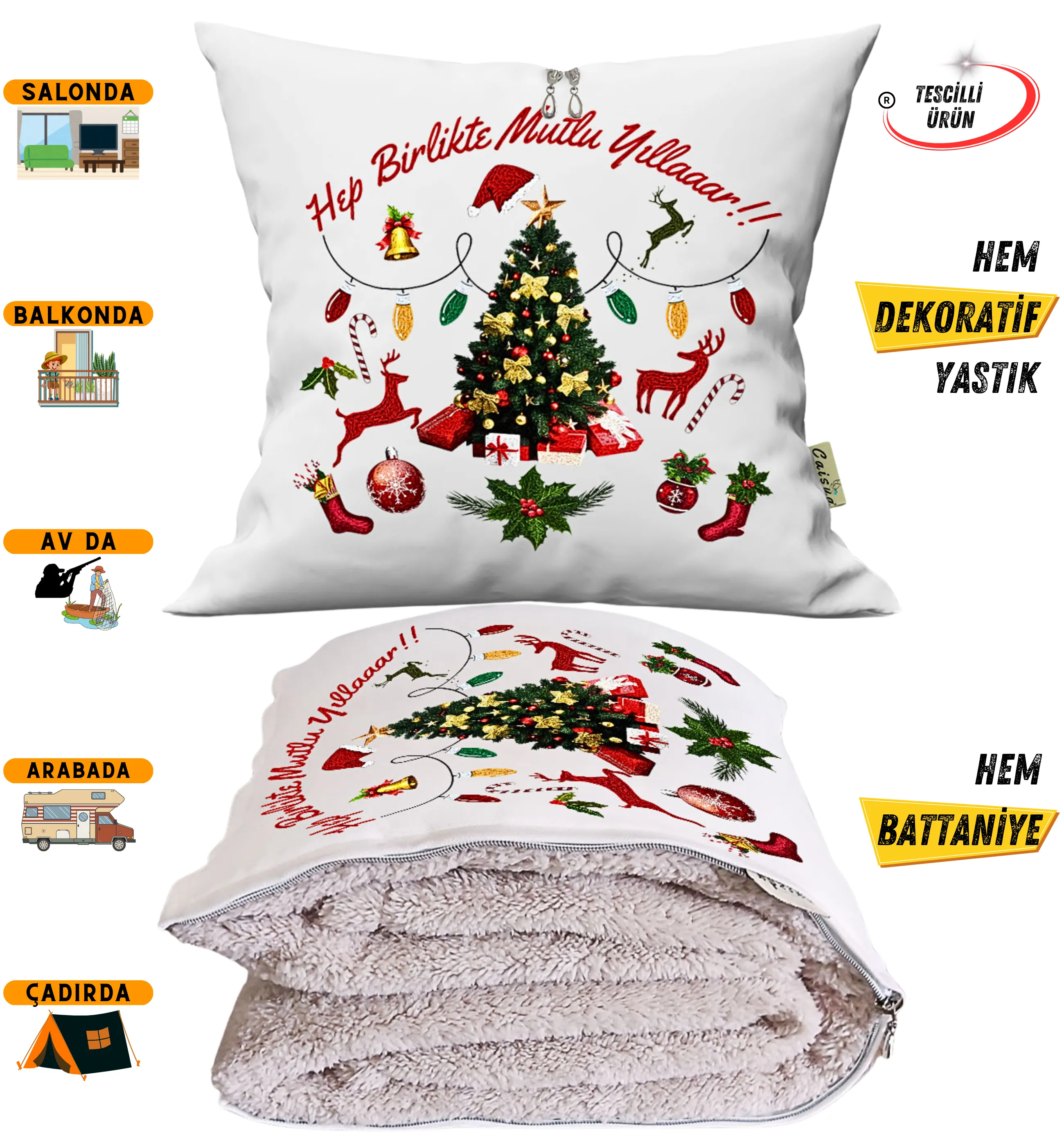 Yılbaşı Hediyesi Nakışlı Punch Efekt Baskılı Tv Battaniye Olabilen Dekoratif Yastık 2in1 Battaniye