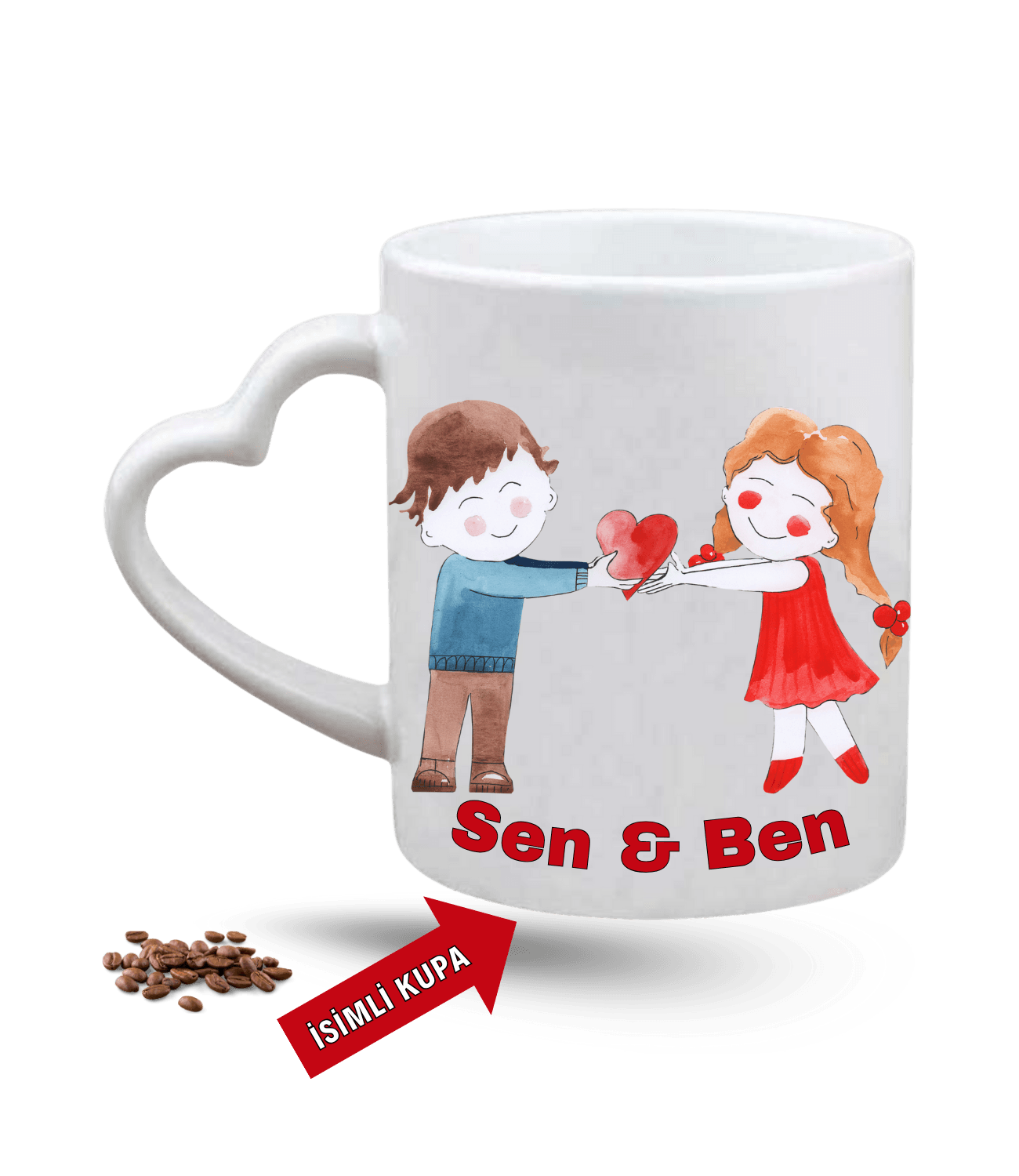 Aşk Temalı Sen ve Ben İsimli Kupa Kalpli Baskılı Porselen Kalp Kulp Kupa Bardak-2