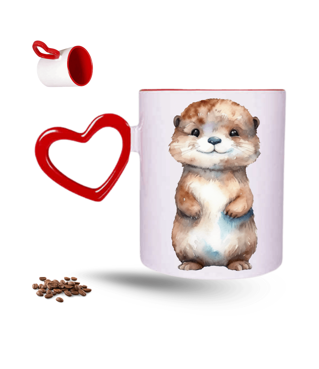 Sevimli Anime Su Samuru Cute Baskılı Kırmızı Kalpli Porselen Kupa Bardak