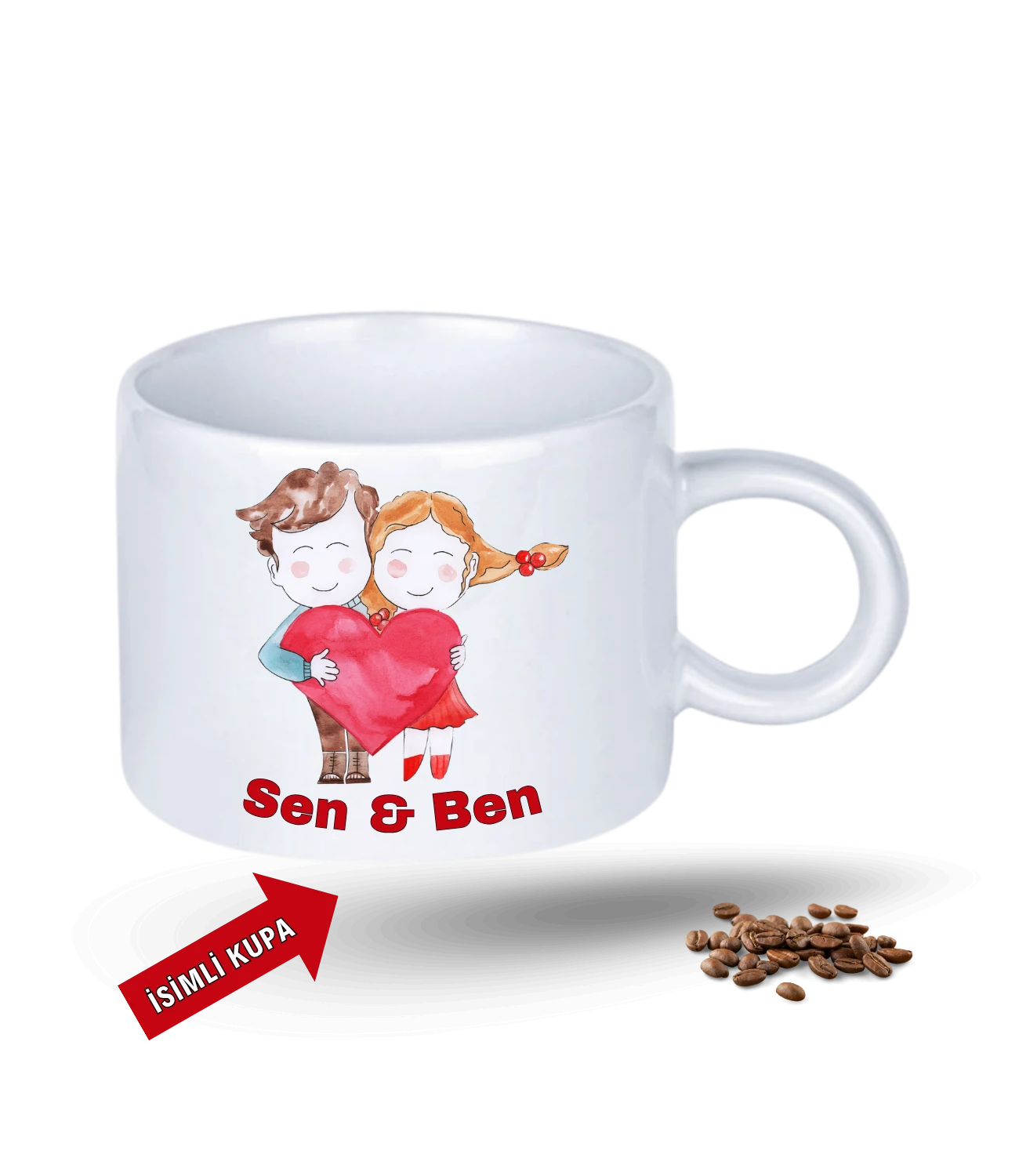 Aşk Temalı Sen ve Ben İsimli Kupa Kalpli Baskılı Porselen Motto Kupa Bardak-1