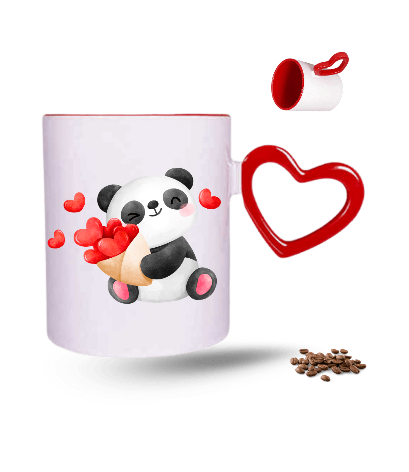 Aşk Temalı Kalpli Panda Baskılı Kırmızı Kalpli Porselen Kupa Bardak