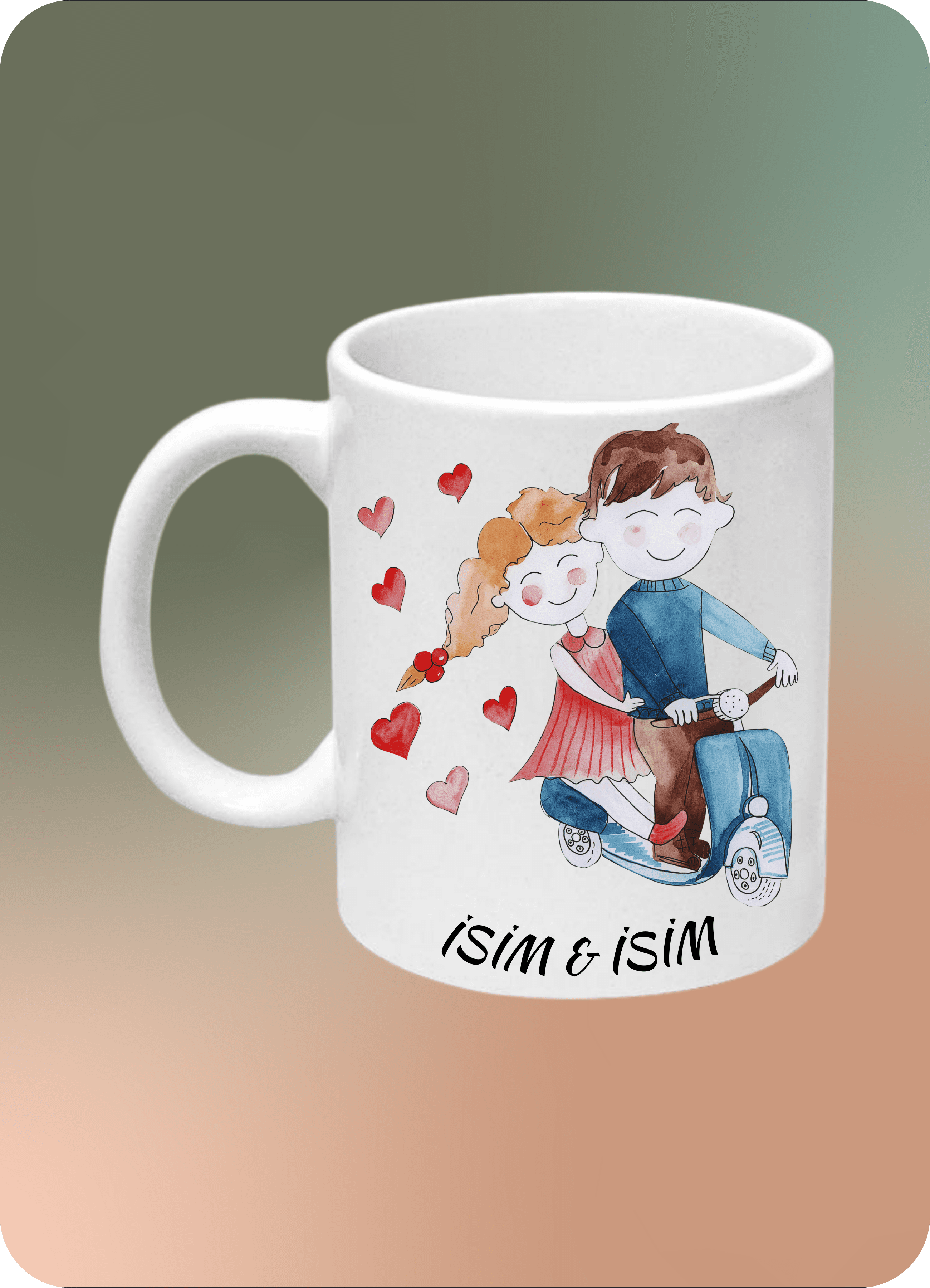 Romantik Bisiklette Mutlu Çift Baskılı İsimli Kupa Bardak Çay Kahve Fincanı