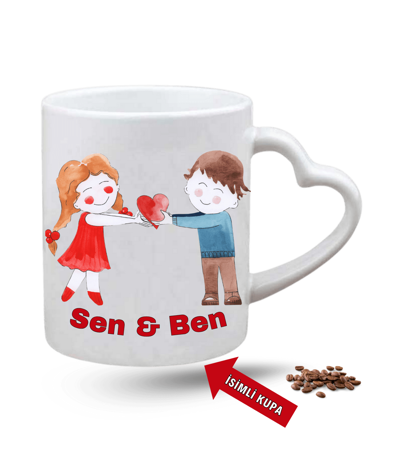 Aşk Temalı Sen ve Ben İsimli Kupa Kalpli Baskılı Porselen Kalp Kulp Kupa Bardak-2