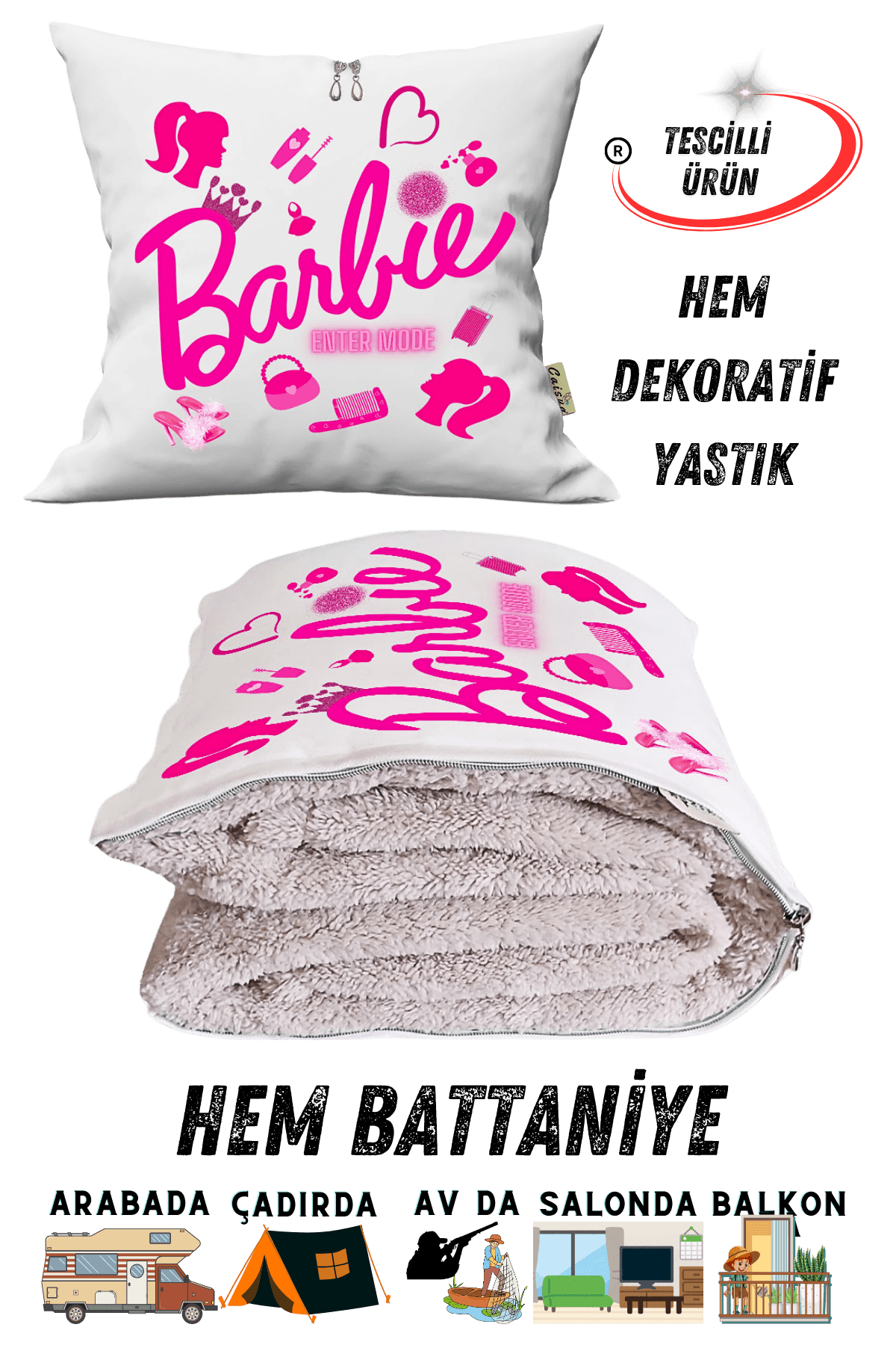 Enter Mode Barbies Baskılı Tv Battaniyeli Opsiyonel Dekoratif Yastık Kırlent 2 in 1 Battaniye