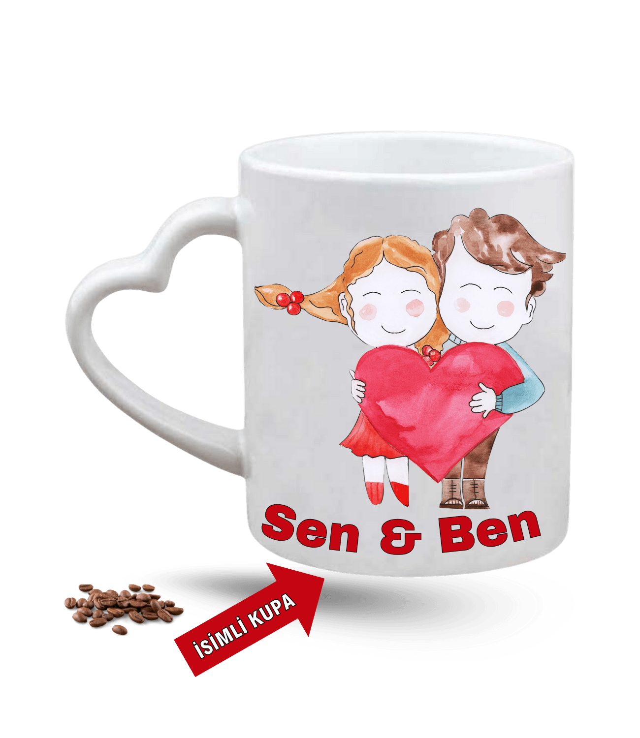Aşk Temalı Sen ve Ben İsimli Kupa Kalpli Baskılı Porselen Kalp Kulp Kupa Bardak-1