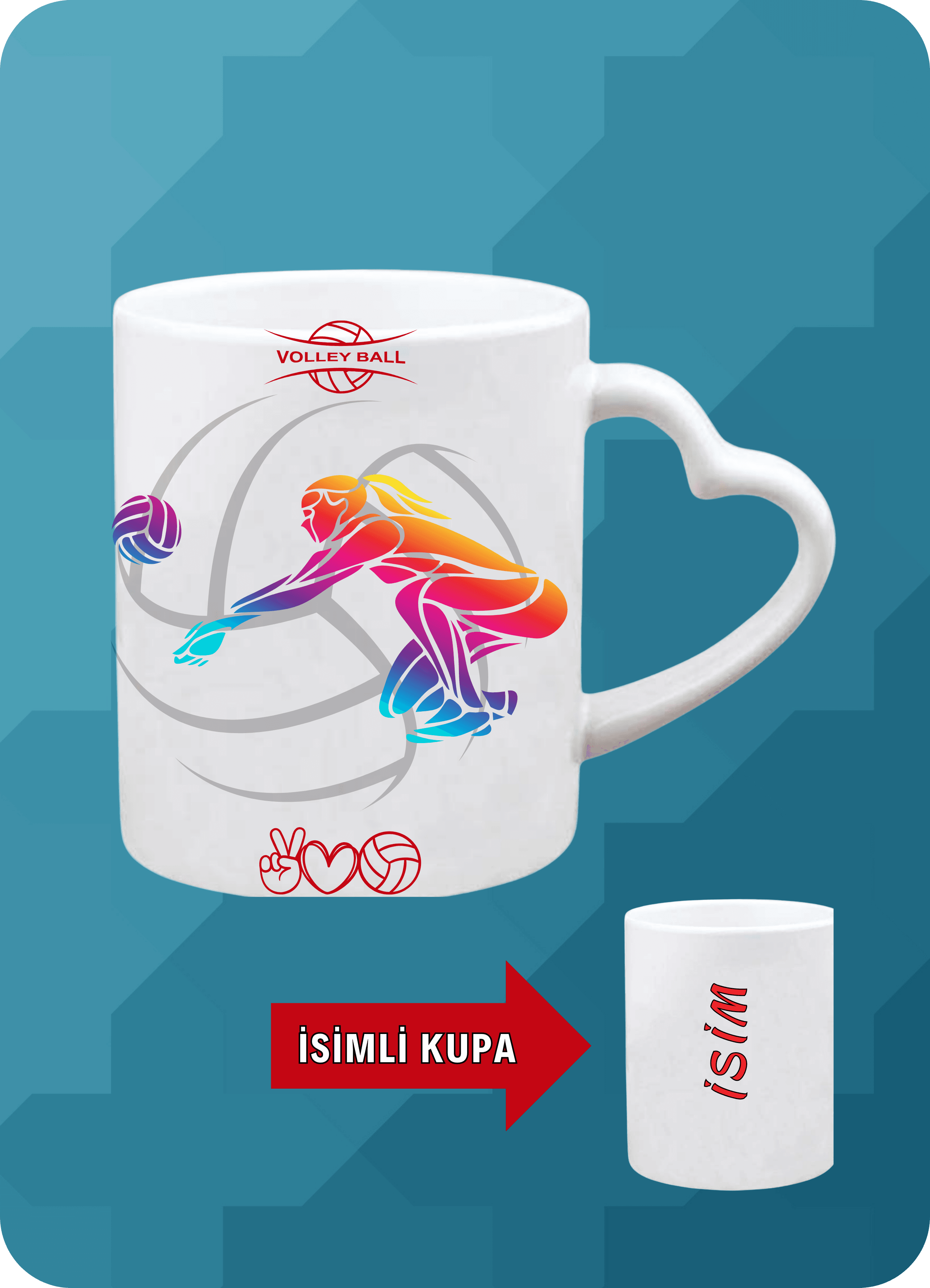 Voleybol Temalı Kadın Voleybolcu Kalpli Kulp Kupa Bardak Çay Kahve Fincanı-2