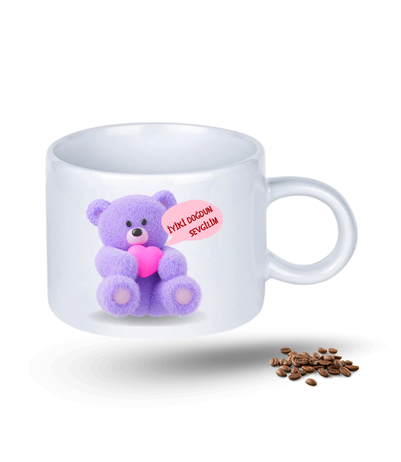Aşk Temalı Mor Ayıcık Kalp Baskılı Porselen Motto Kupa Bardak