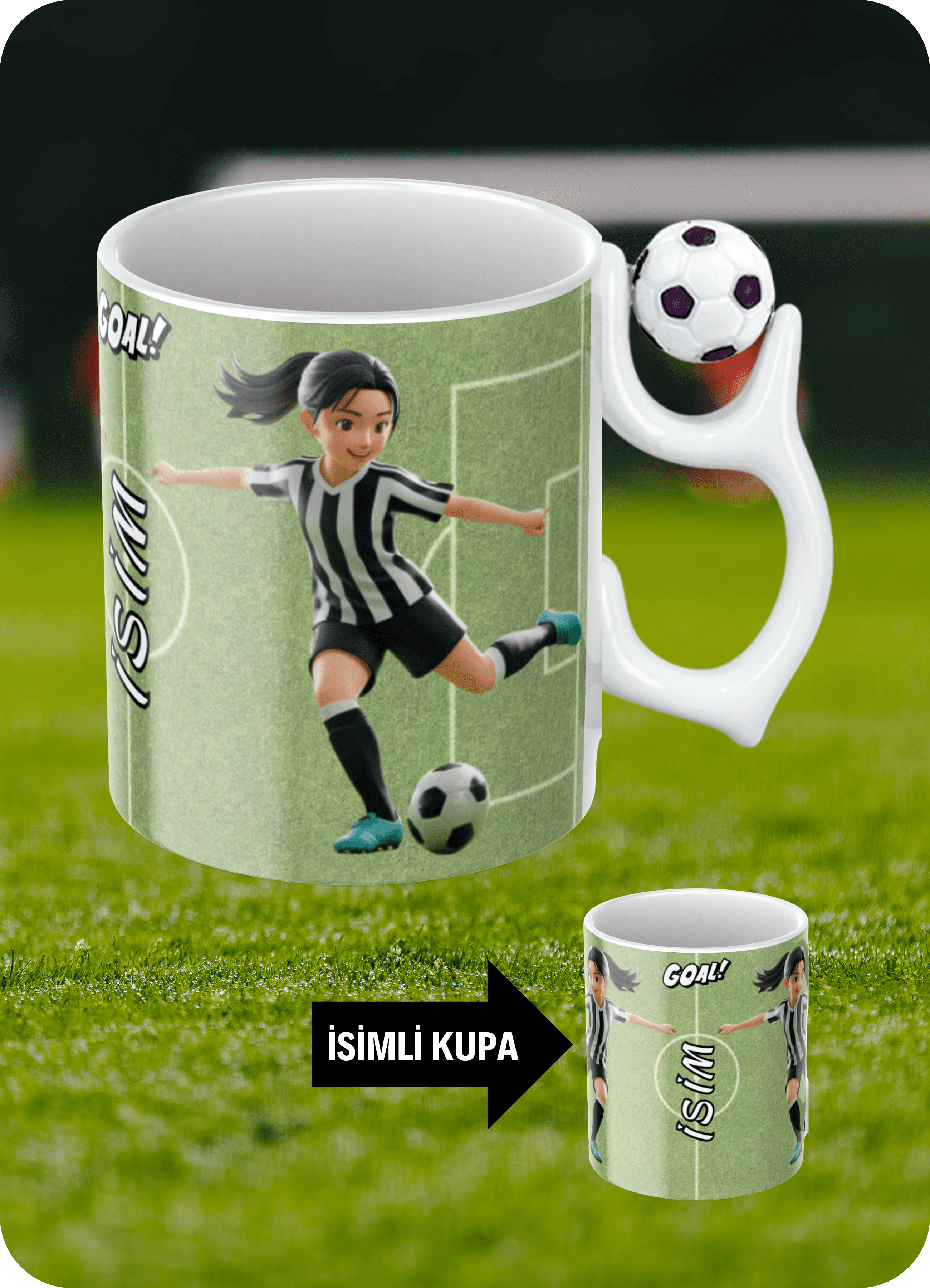 Futbol Toplu Siyah Beyaz Formalı Kadın Futbolcu İsimli Taraftar Kupa Bardak Çay Kahve Fincanı