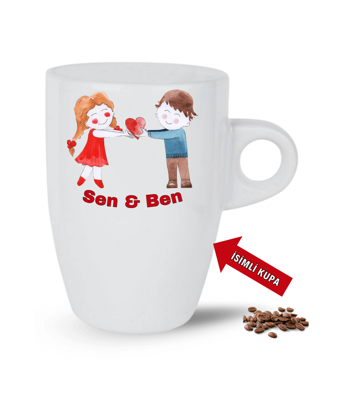 Aşk Temalı Sen ve Ben İsimli Kupa Kalpli Baskılı Porselen Latte Kupa Bardak-2