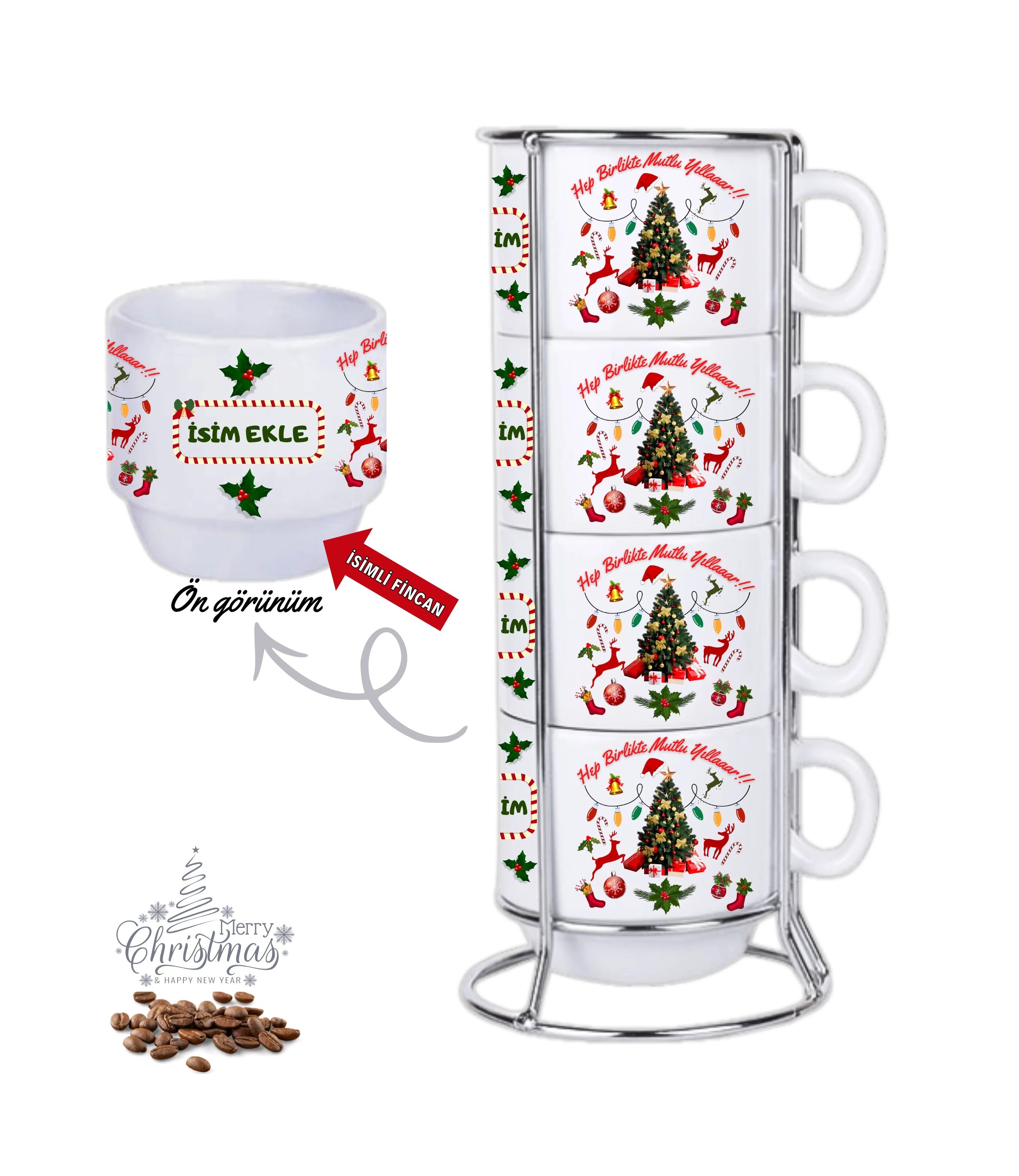 Yılbaşı Temalı Baskılı 4lü Standlı Hediyelik İsimli Porselen Çay Kahve Fincan Seti