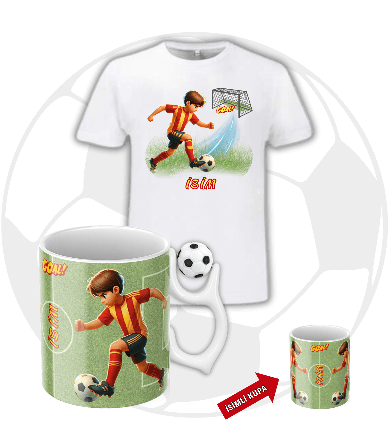 Sarı Kırmızı Forma Oyunculu Futbol Toplu Kupa + Baskılı Pamuklu Tişört Kombin