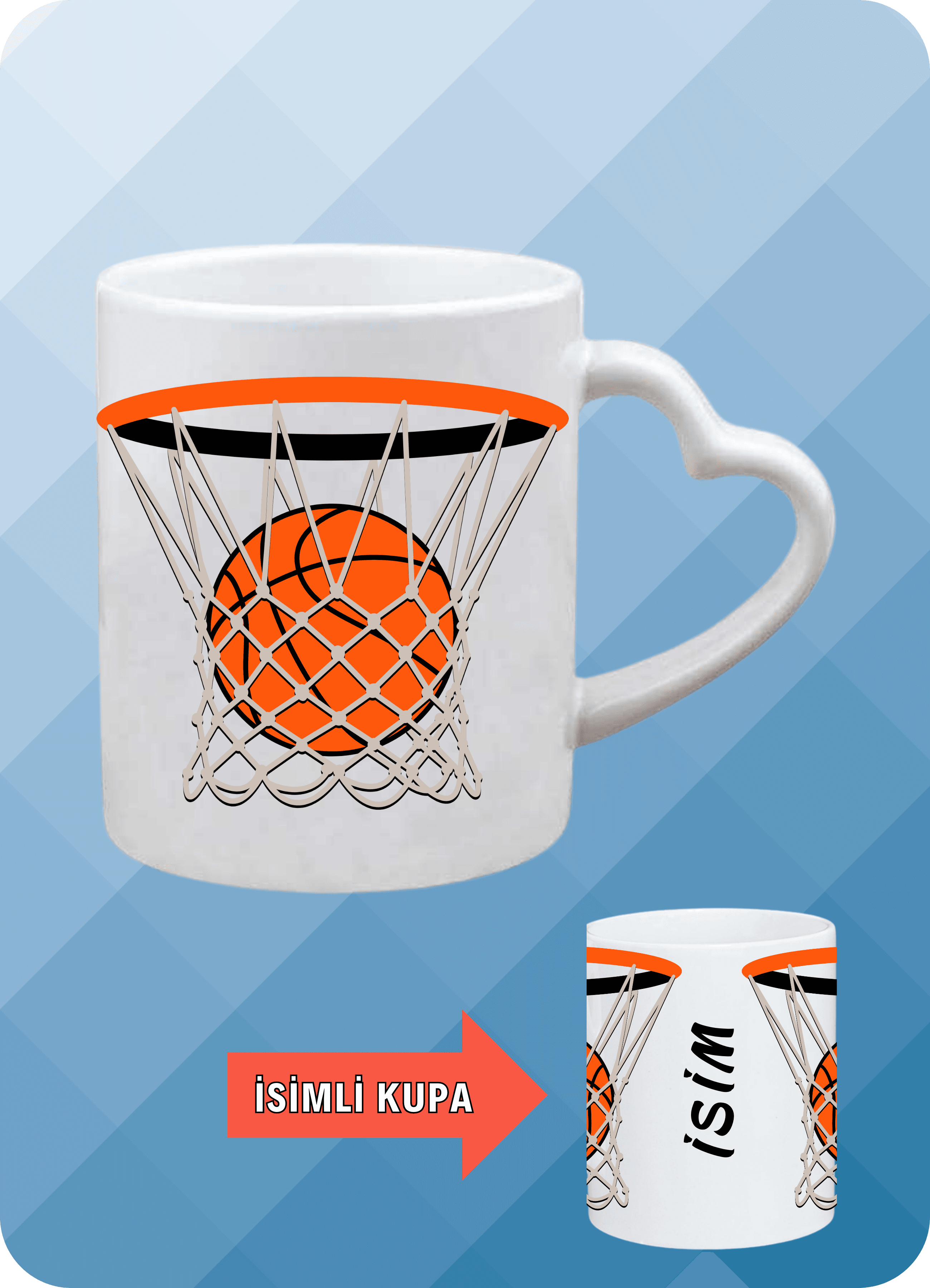 Basketbol Temalı Basket Sever Kalp Kulplu Kupa Bardak Çay Kahve Fincanı-8
