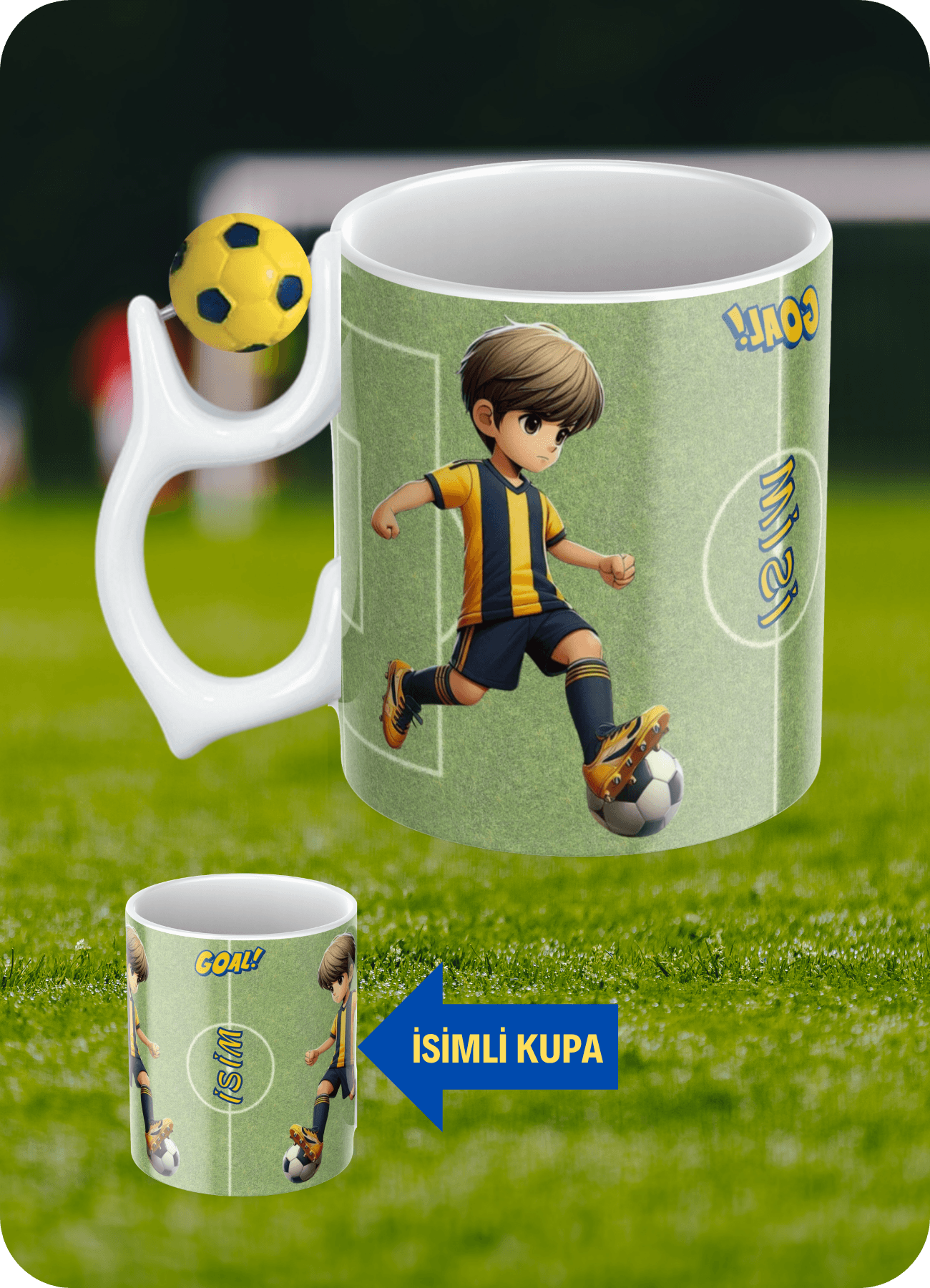 Sarı Lacivert Futbol Toplu Sarı Lacivert Formalı Futbolcu İsimli Taraftar Kupa Bardak Çay Kahve Fincanı