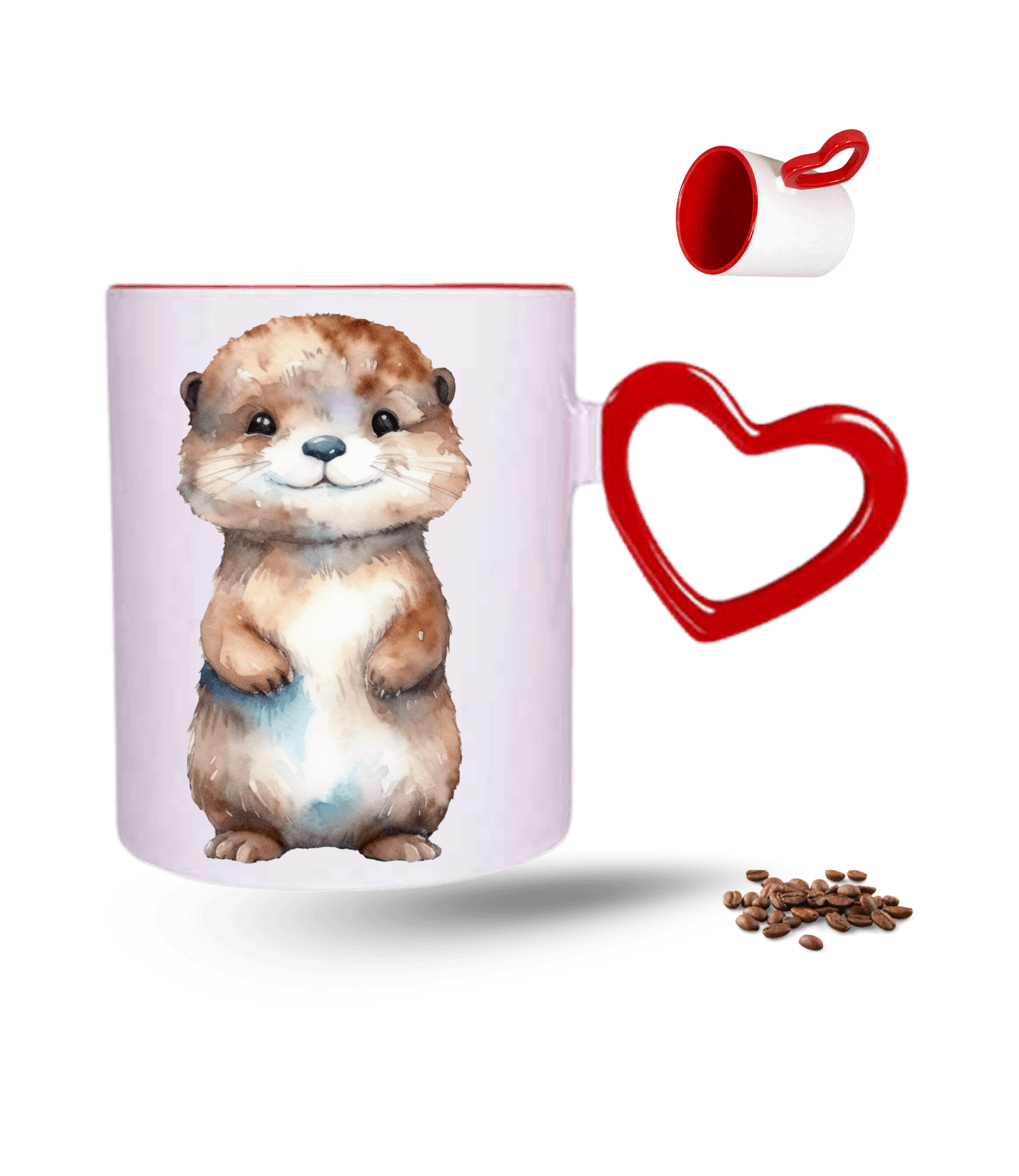 Sevimli Anime Su Samuru Cute Baskılı Kırmızı Kalpli Porselen Kupa Bardak