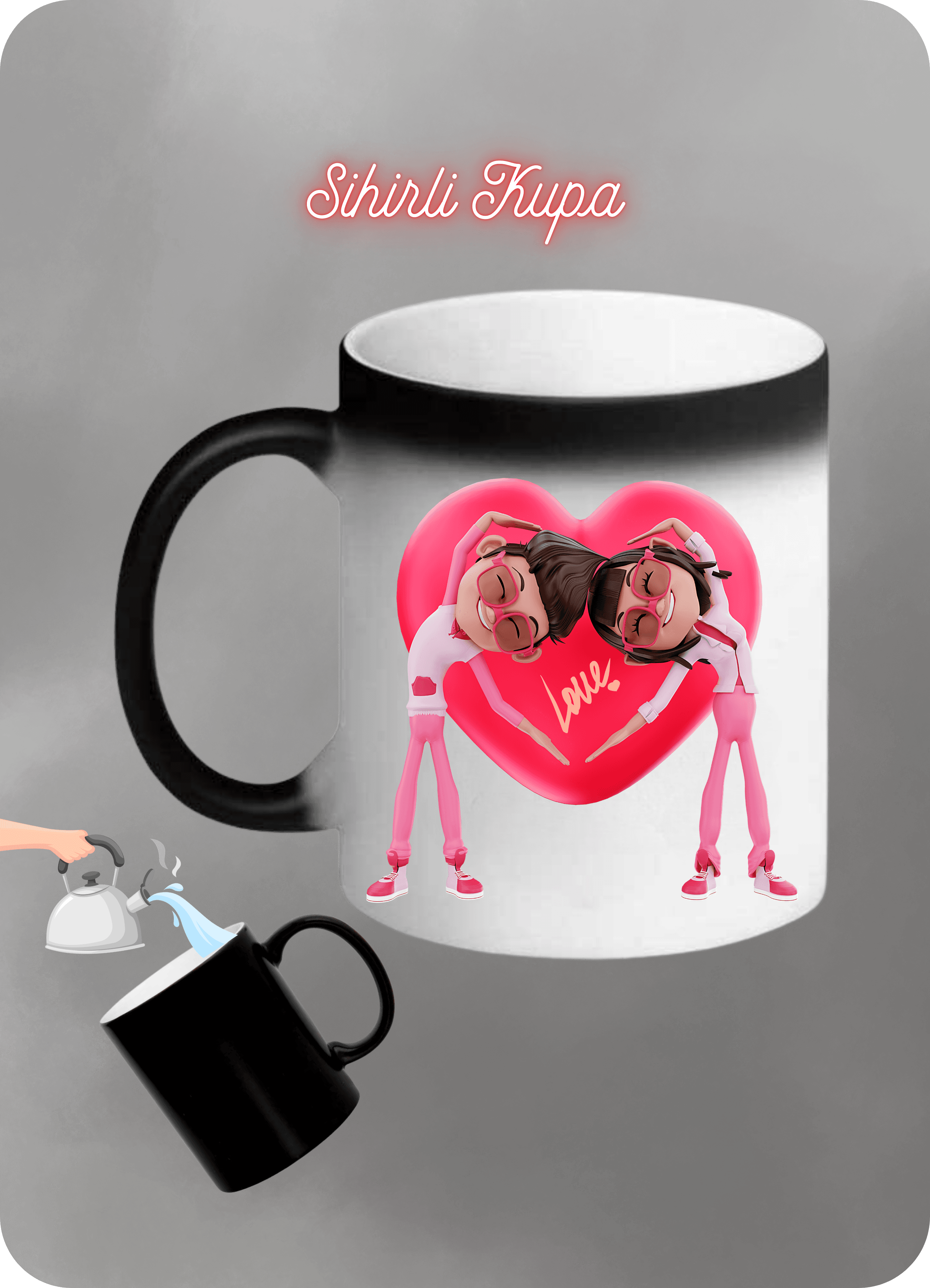 Sevgiliye Hediye Love Kalp Baskılı Sihirli Kupa Bardak Çay Kahve Fincanı