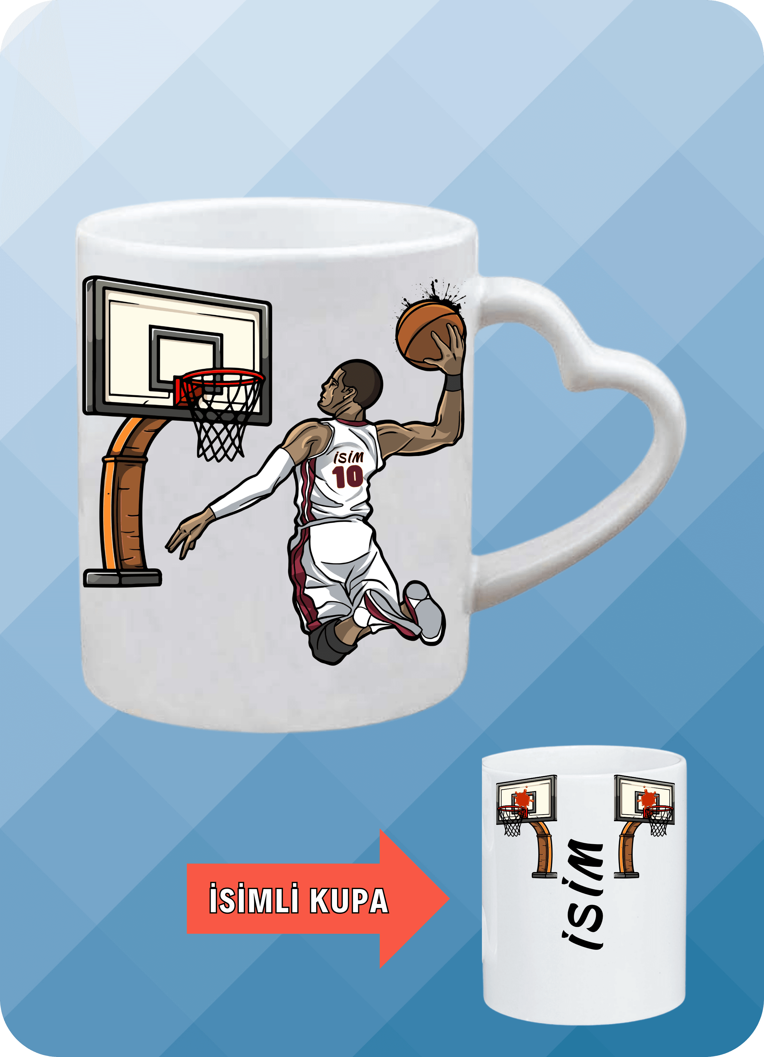 Basketbol Temalı Erkek Basketbolcu Kalp Kulplu Basket Sever Kupa Bardak Çay Kahve Fincanı-2