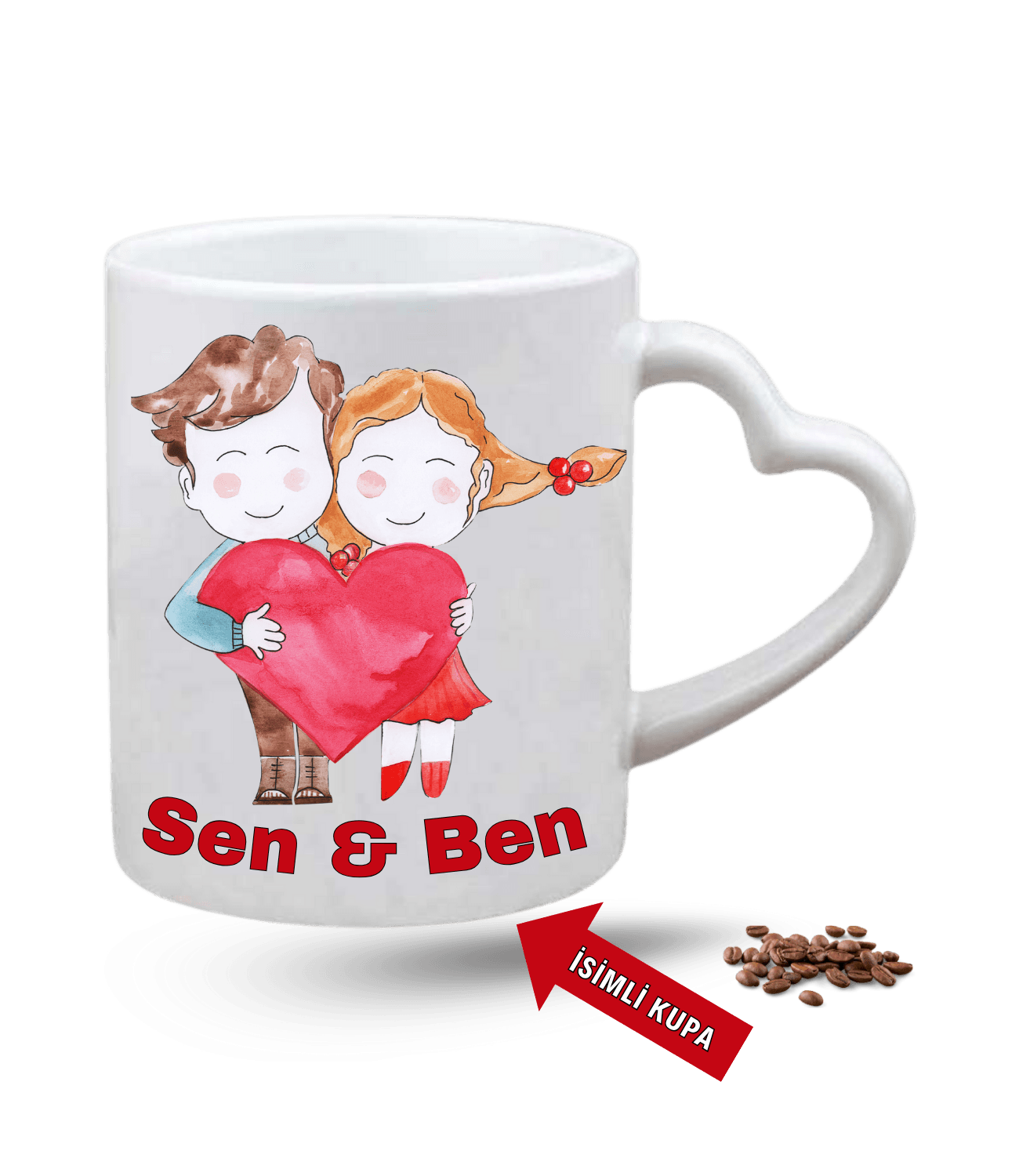 Aşk Temalı Sen ve Ben İsimli Kupa Kalpli Baskılı Porselen Kalp Kulp Kupa Bardak-1