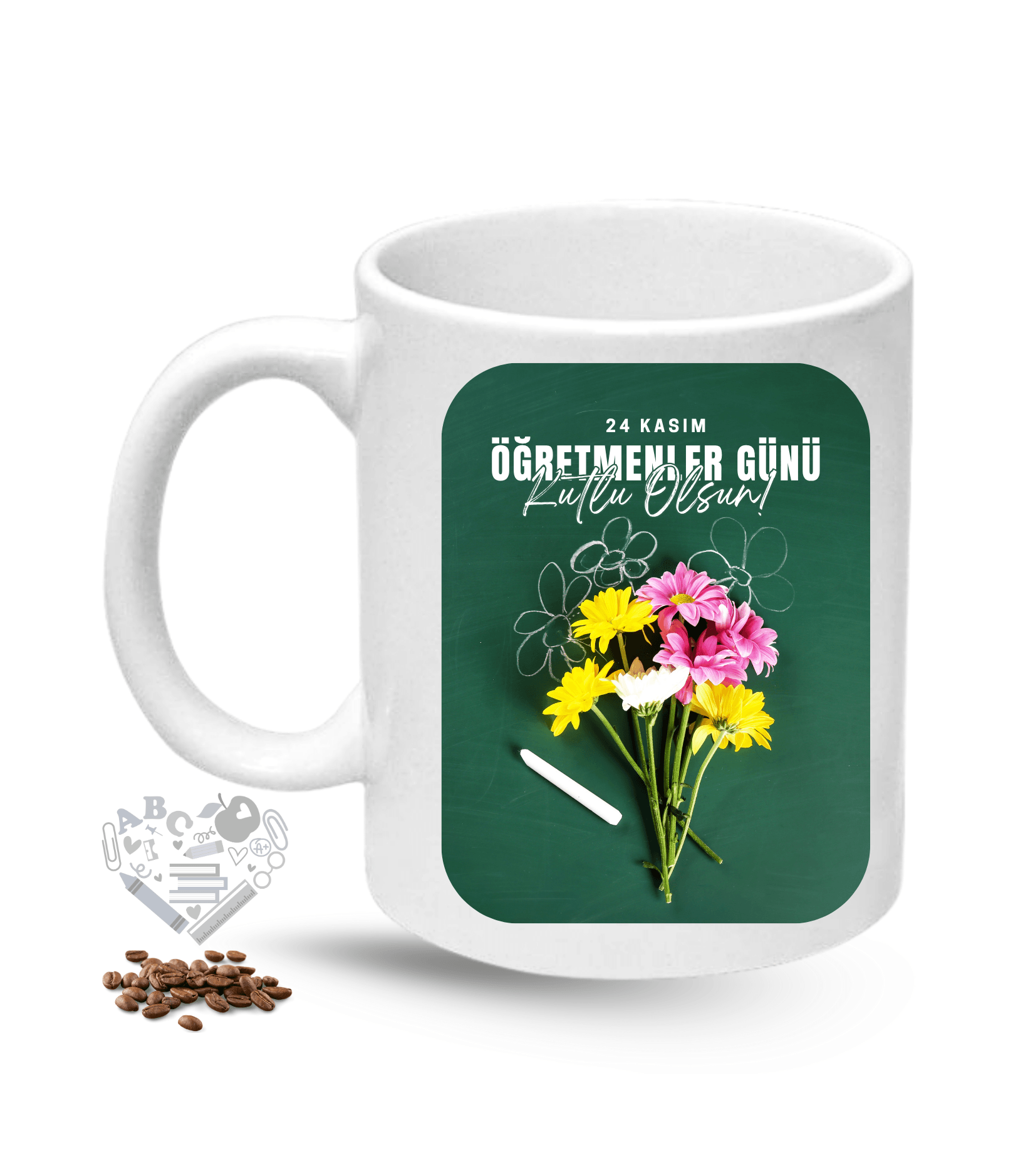 Öğretmenler Günü Hediyesi Çiçekli Okul Tahtası Baskılı Porselen Kupa Bardak