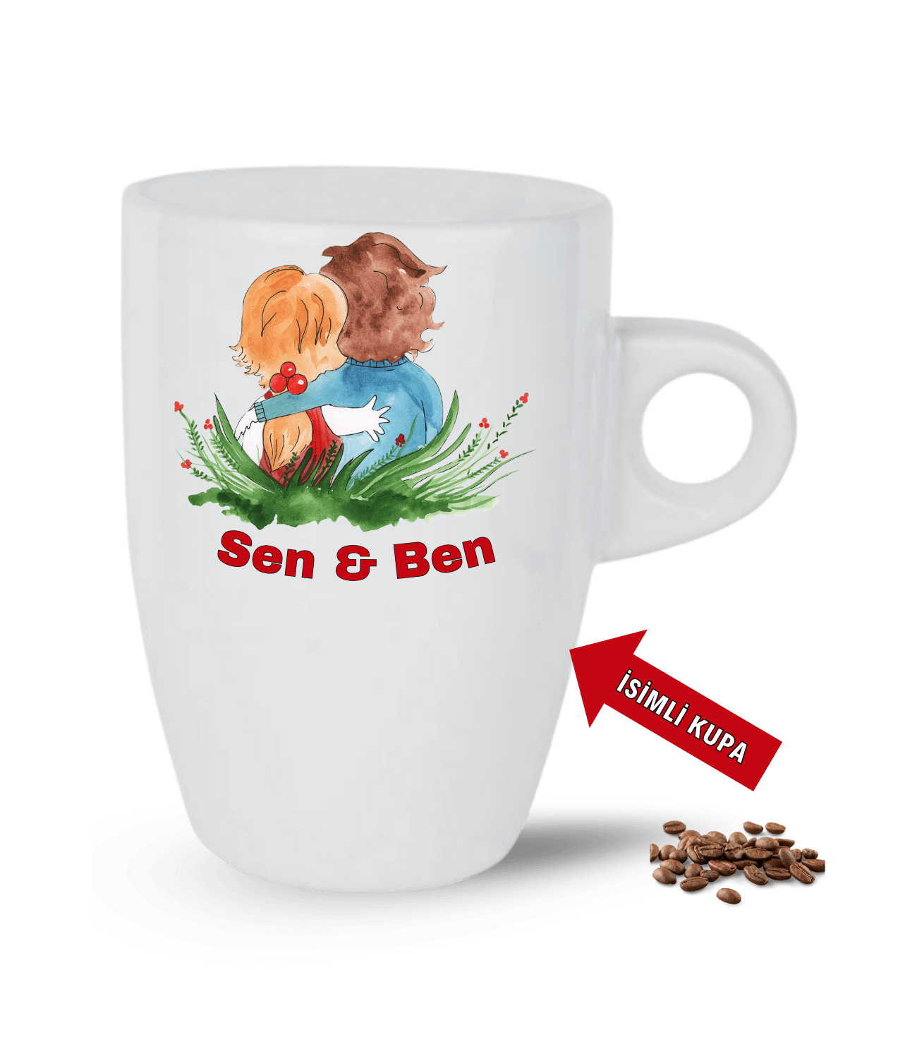 Aşk Temalı Sen ve Ben İsimli Kupa Kalpli Baskılı Porselen Latte Kupa Bardak-3