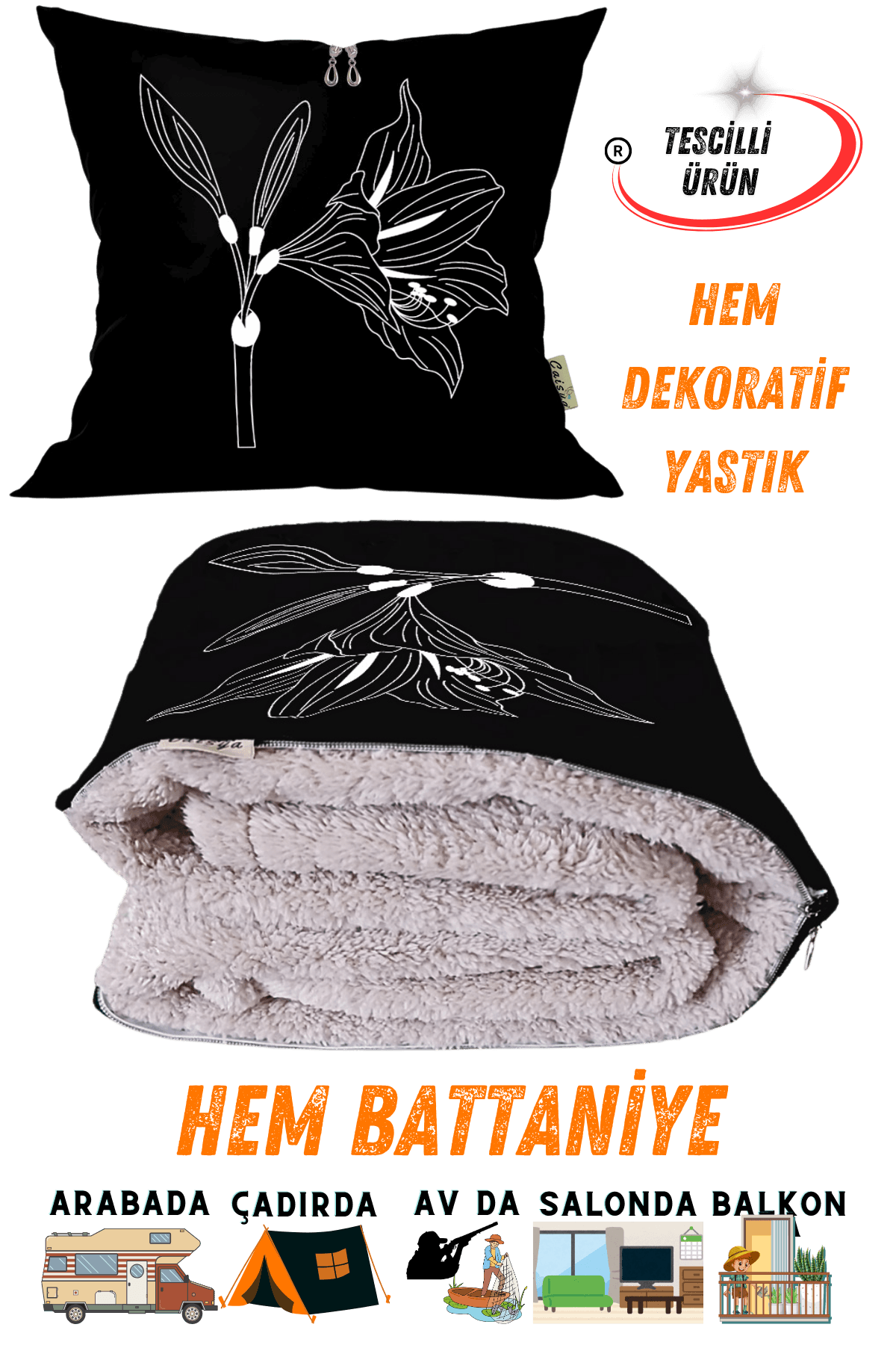 Çan Çiçeği Çizgi Desenli Tv Battaniyeli Opsiyonel Dekoratif Yastık Kırlent 2 in 1 Battaniye