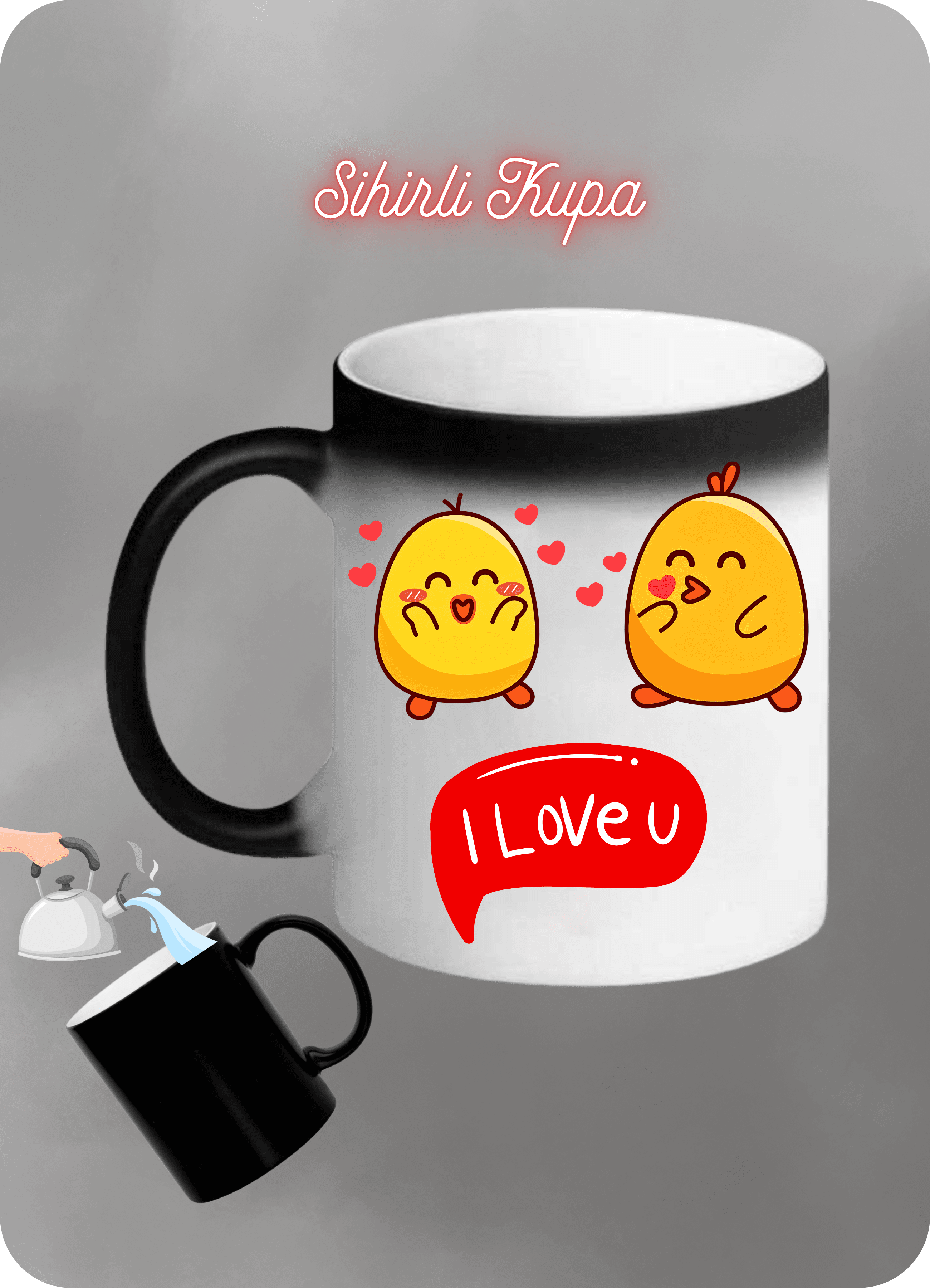 Sarı CivCivler Love You Baskılı Sihirli Kupa Bardak Çay Kahve Fincanı
