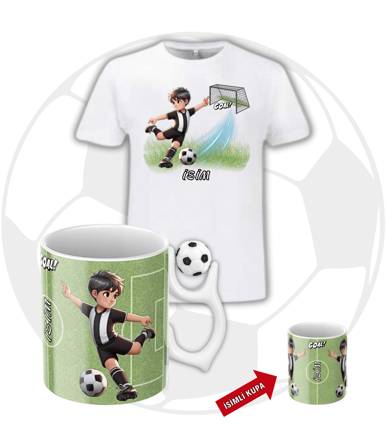 Siyah Beyaz Forma Oyunculu Futbol Toplu Kupa + Baskılı Pamuklu Tişört Kombin