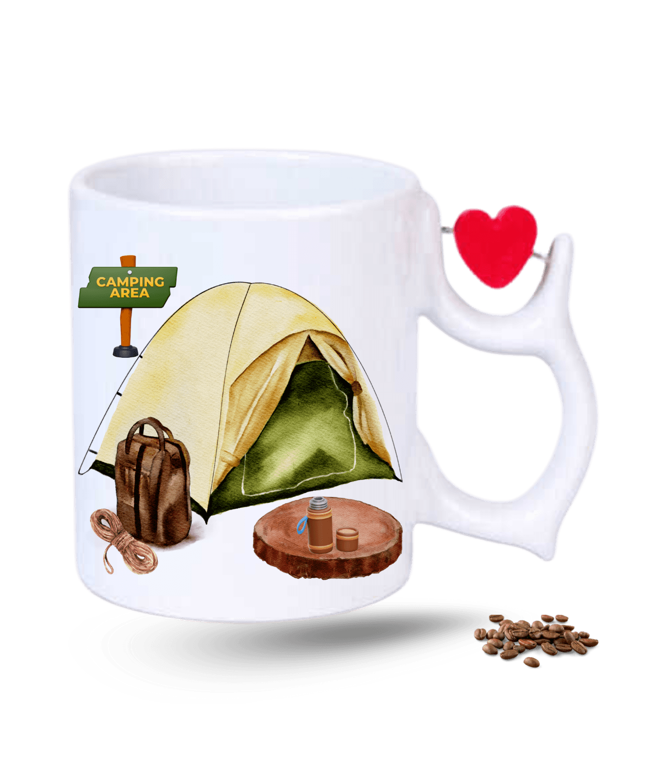 Camping Temalı Kamp Çadırı Baskılı Porselen Dönen Kalp Figürlü Kupa Bardak