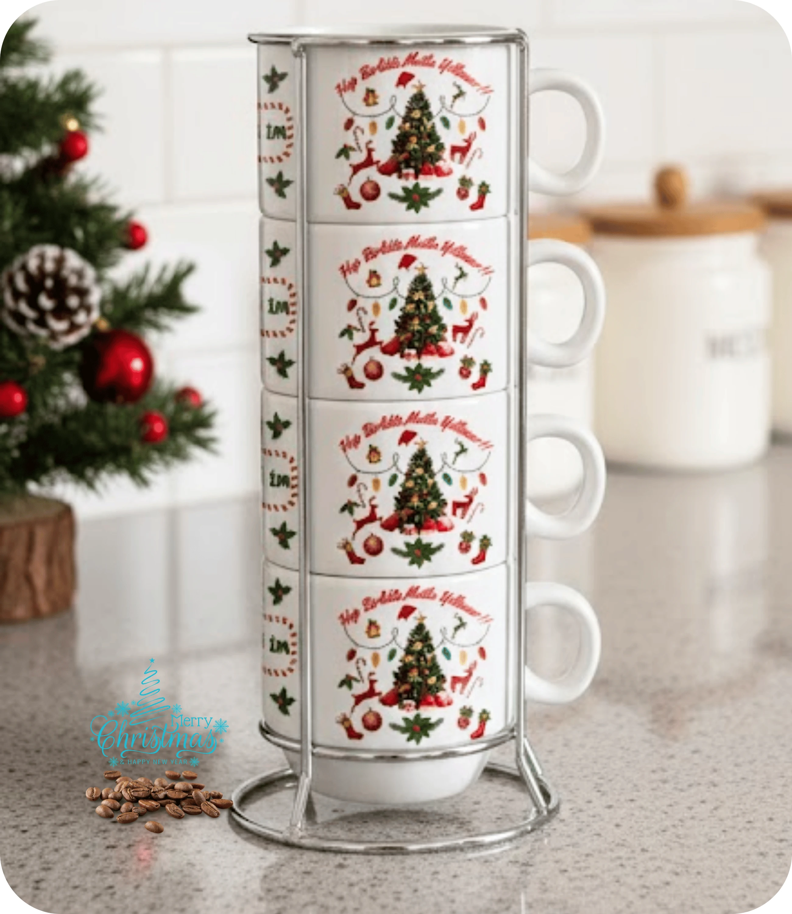 Yılbaşı Temalı Baskılı 4lü Standlı Hediyelik İsimli Porselen Çay Kahve Fincan Seti