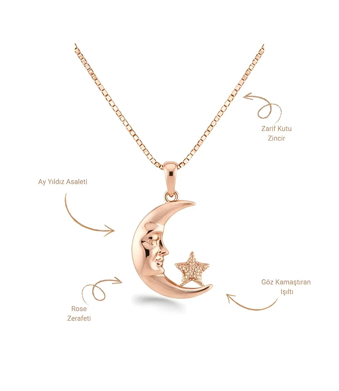 Ay Yıldız Detaylı Rose Altın Kaplama Vip Seri Kolye Xuping 43cm