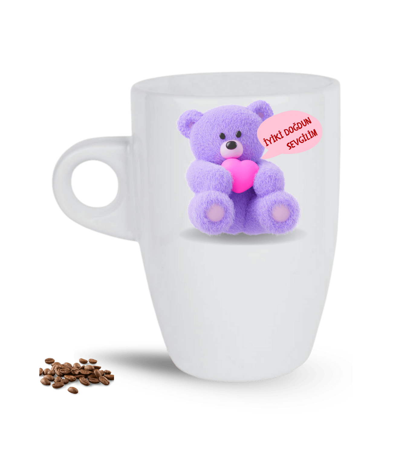 Aşk Temalı Mor Ayıcık Kalp Baskılı Porselen Latte Kupa Bardak