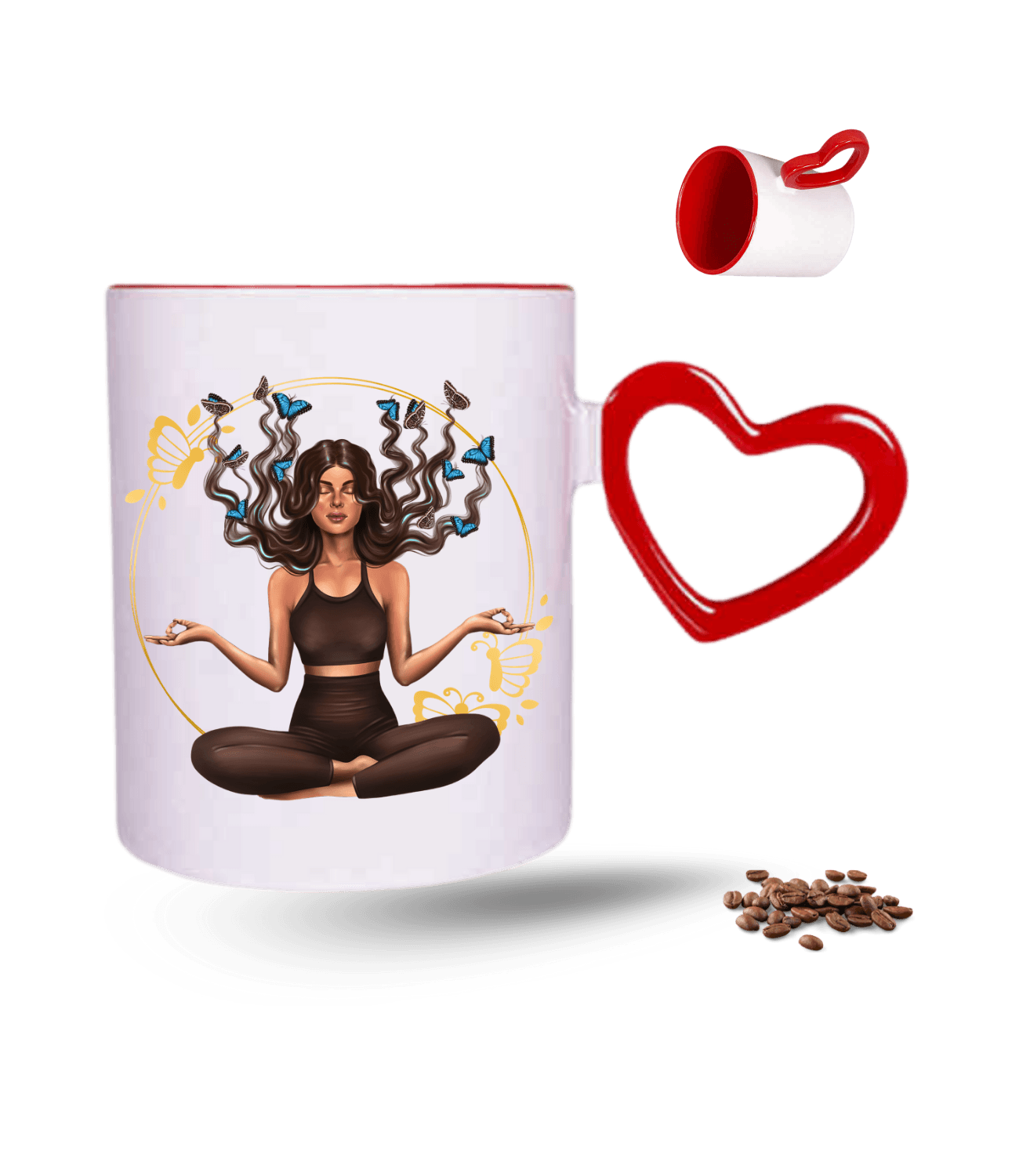 Yoga Temalı Kelebek Saçlı Kız Baskılı Kırmızı Kalpli Porselen Kupa Bardak