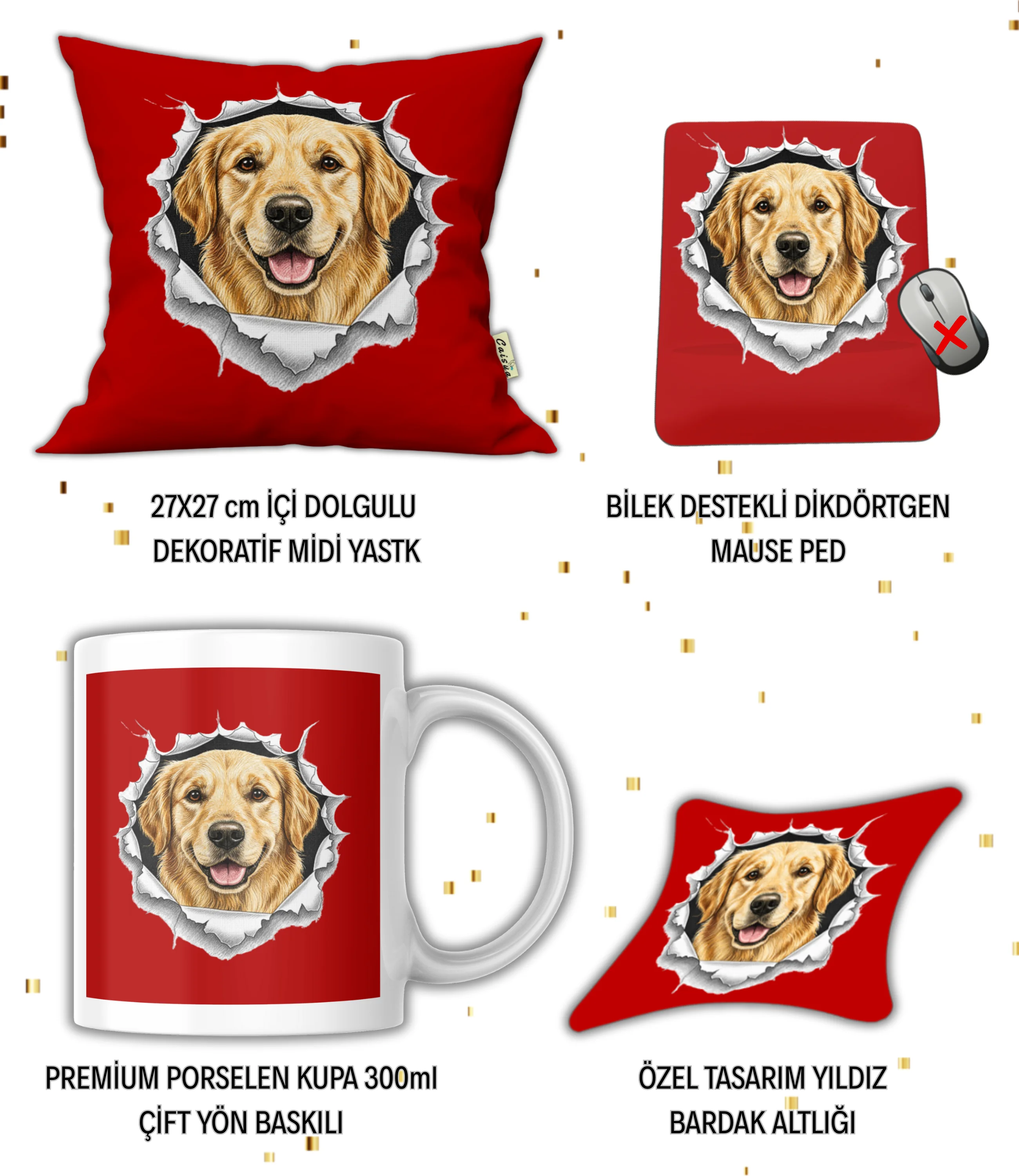 Köpek Sever Hediye Seti Golden Retriever Temalı Baskılı Kupa Yastık İsimli Mause Ped Bardak Altlığı