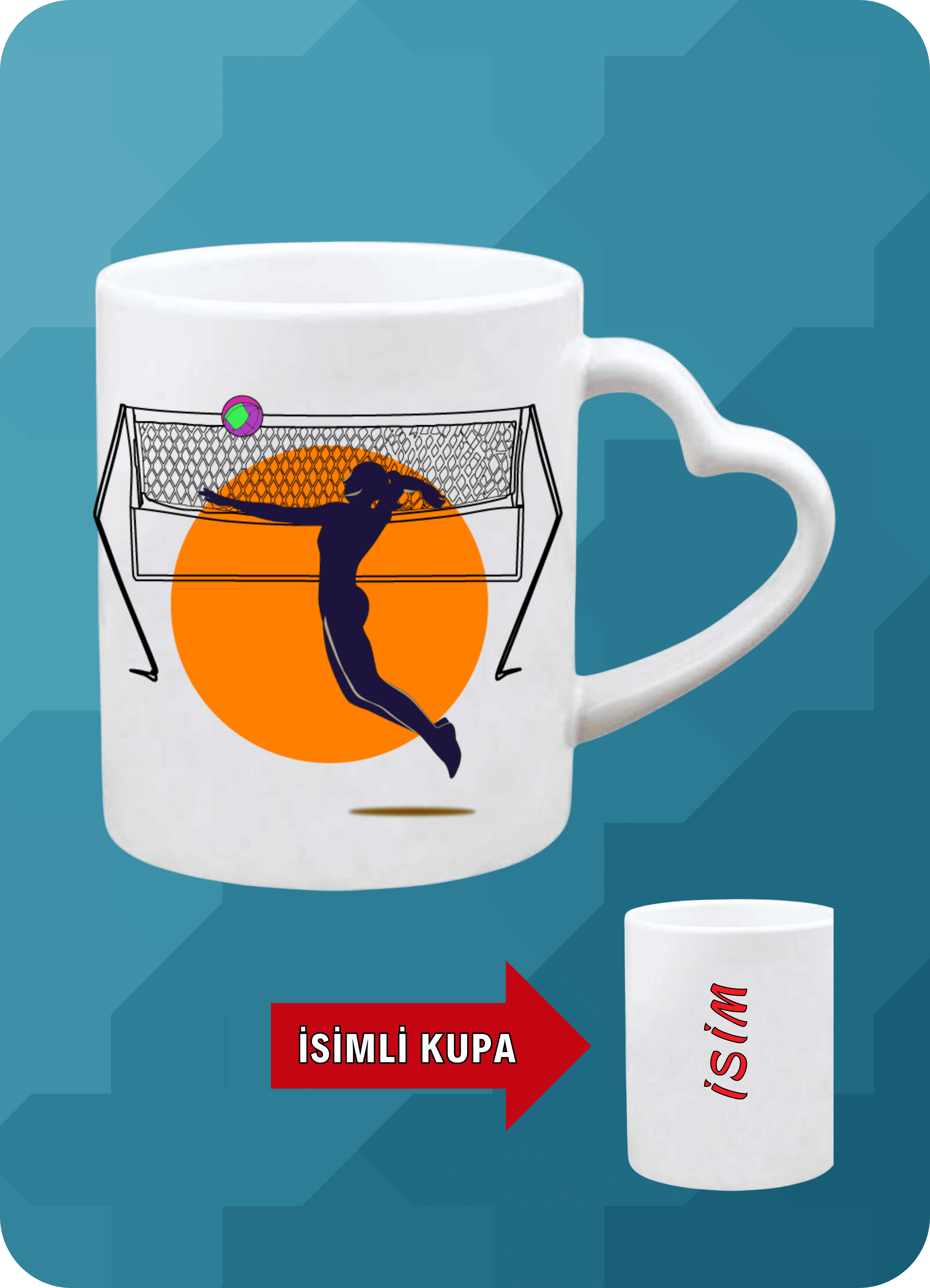 Voleybol Temalı Kadın Voleybolcu Kalpli Kulp Kupa Bardak Çay Kahve Fincanı-4
