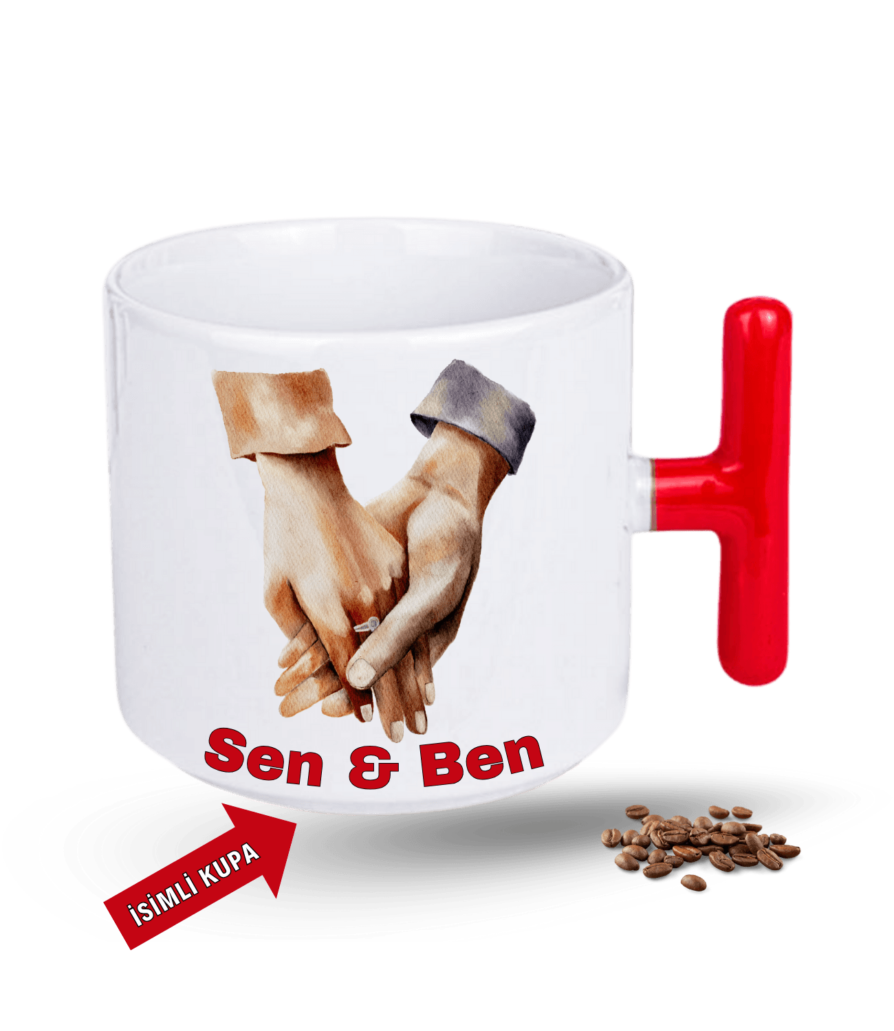 Aşk Temalı Sen ve Ben İsimli Kupa Kalpli Baskılı T Saplı Porselen Kupa Bardak-5