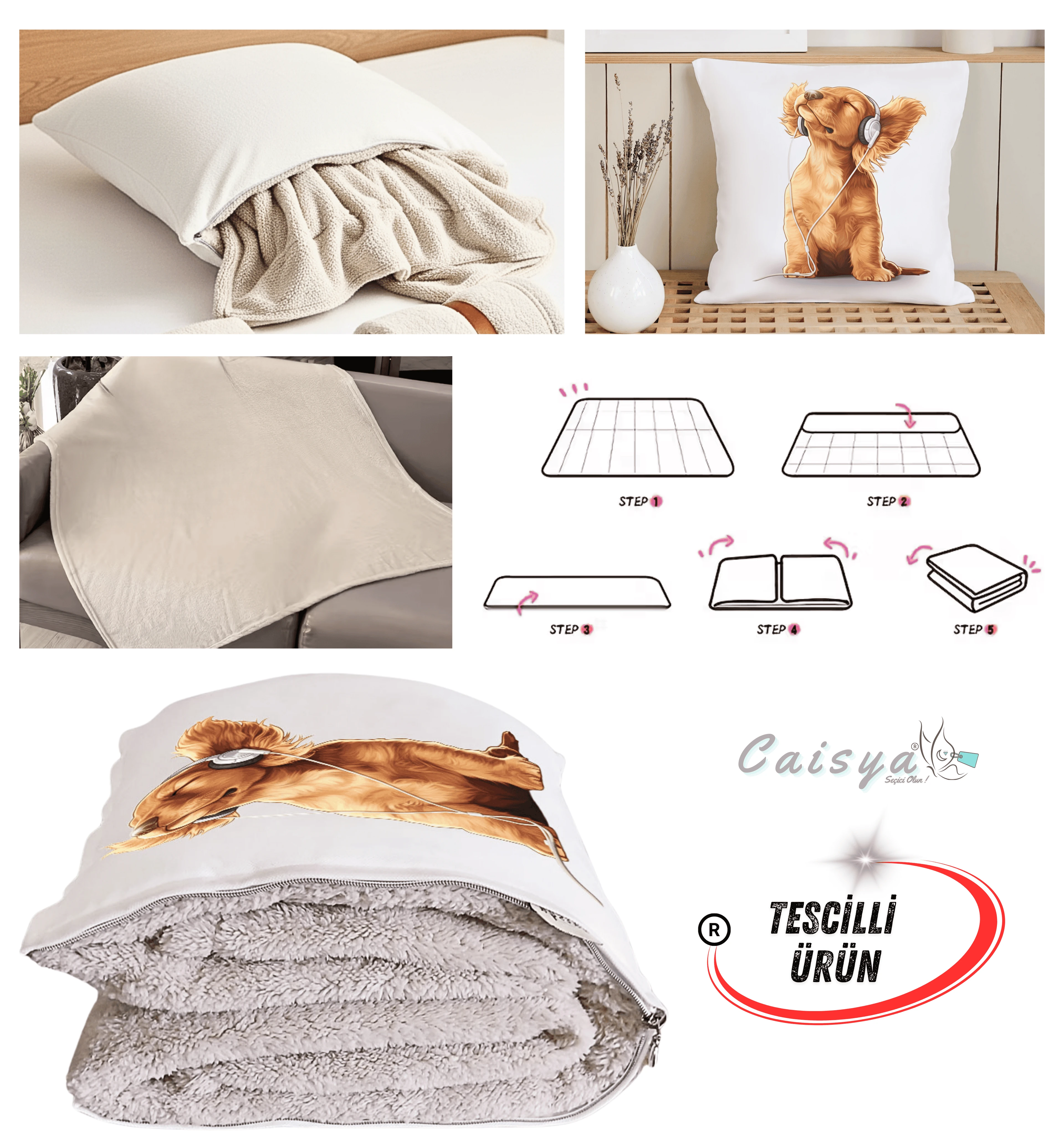 Müzisyen Köpek Baskılı Köpek Sever Tv Battaniye Olabilen Dekoratif Yastık 2in1 Battaniye