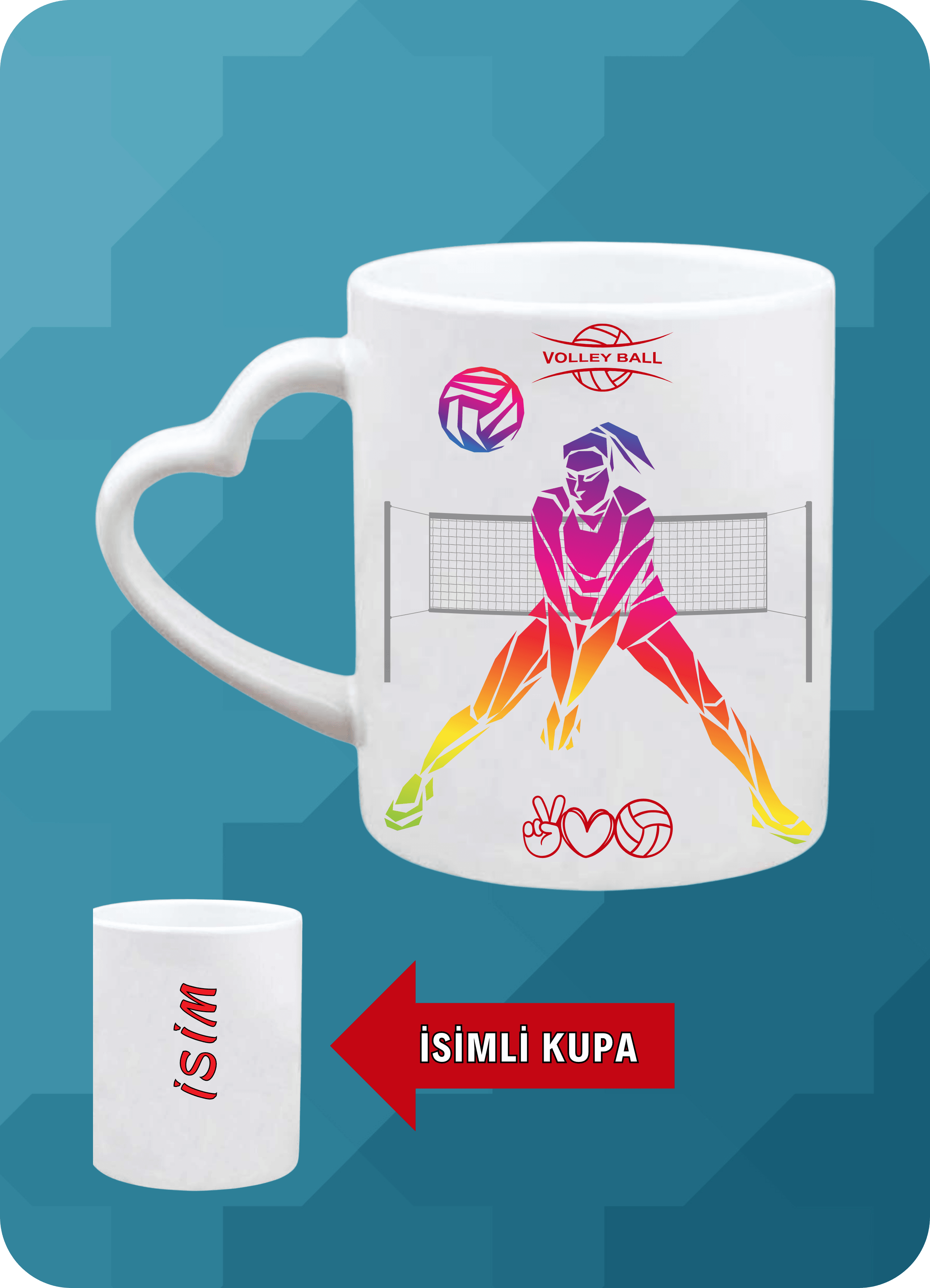 Voleybol Temalı Kadın Voleybolcu Kalpli Kulp Kupa Bardak Çay Kahve Fincanı-3