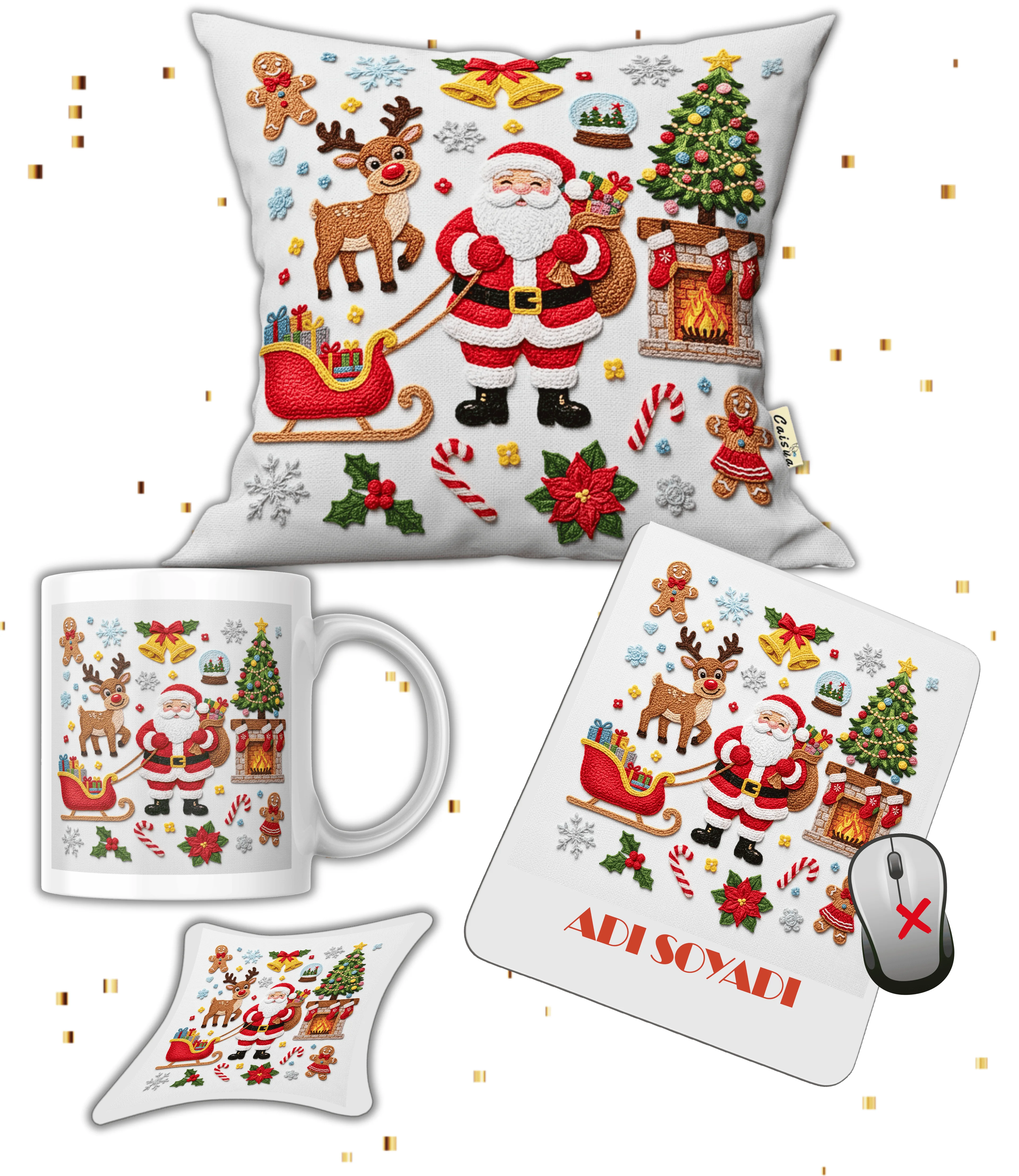 Yılbaşı Hediye Seti Noel Baba Nakış Efektli Baskılı Kupa Yastık İsimli Mause Ped Bardak Altlığı