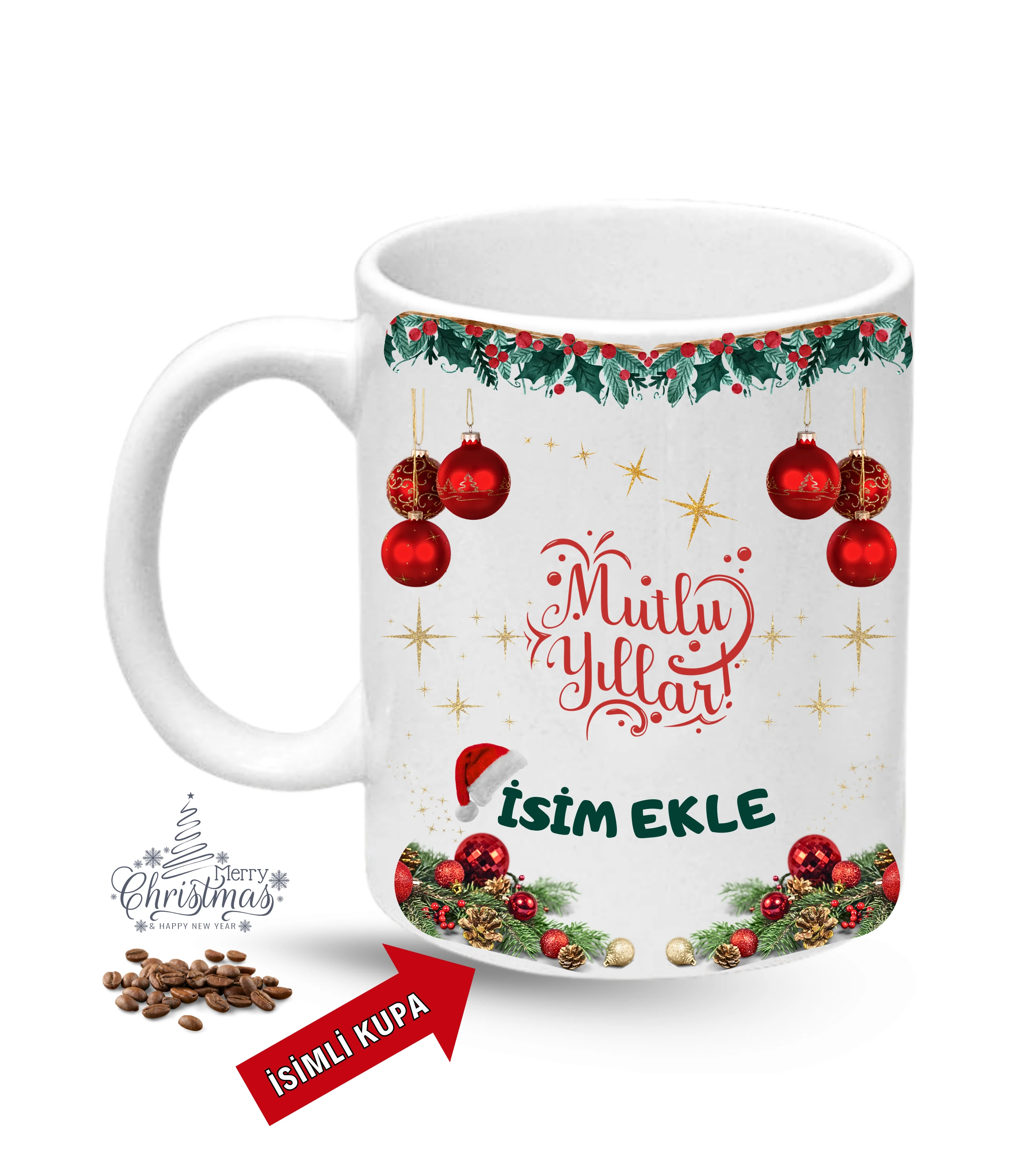 Yılbaşı Hediyesi Mutlu Yıllar Christmas İsimli Baskılı Porselen Kupa Bardak