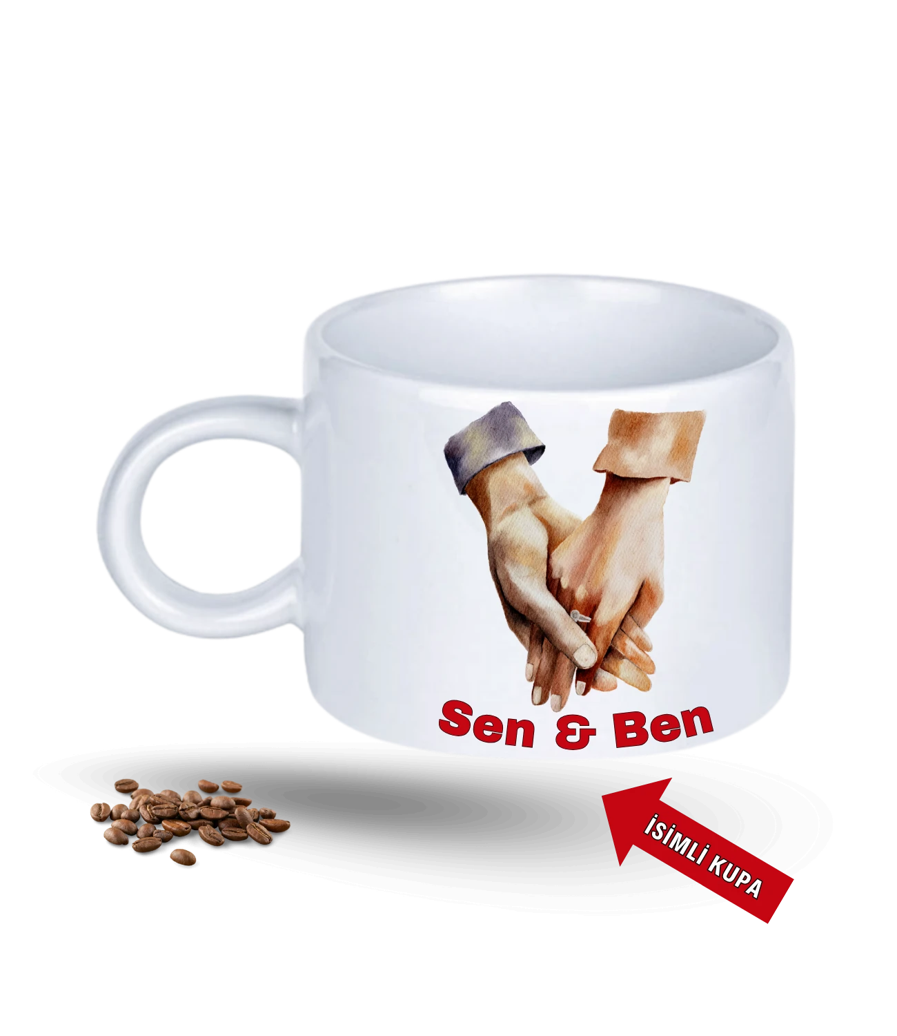 Aşk Temalı Sen ve Ben İsimli Kupa Kalpli Baskılı Porselen Motto Kupa Bardak-5