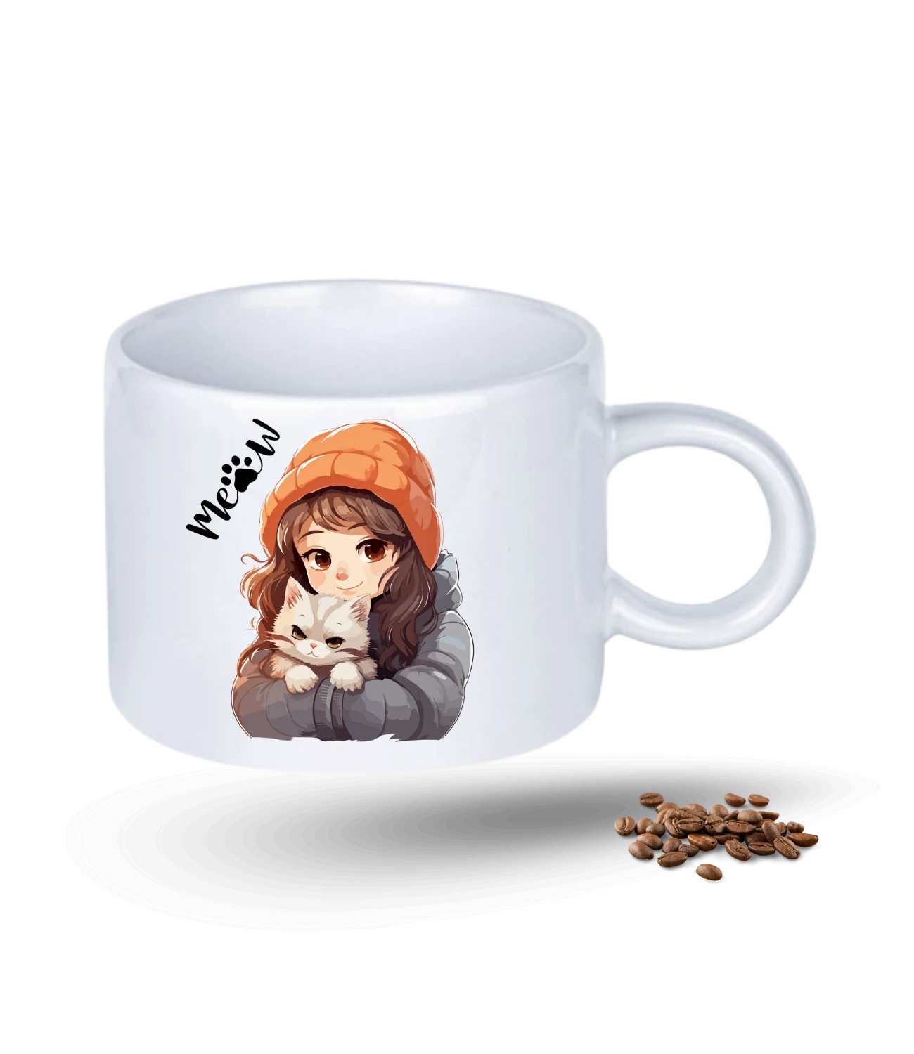 Meow Bereli Kız Kedi Sever Baskılı Porselen Motto Kupa Bardak