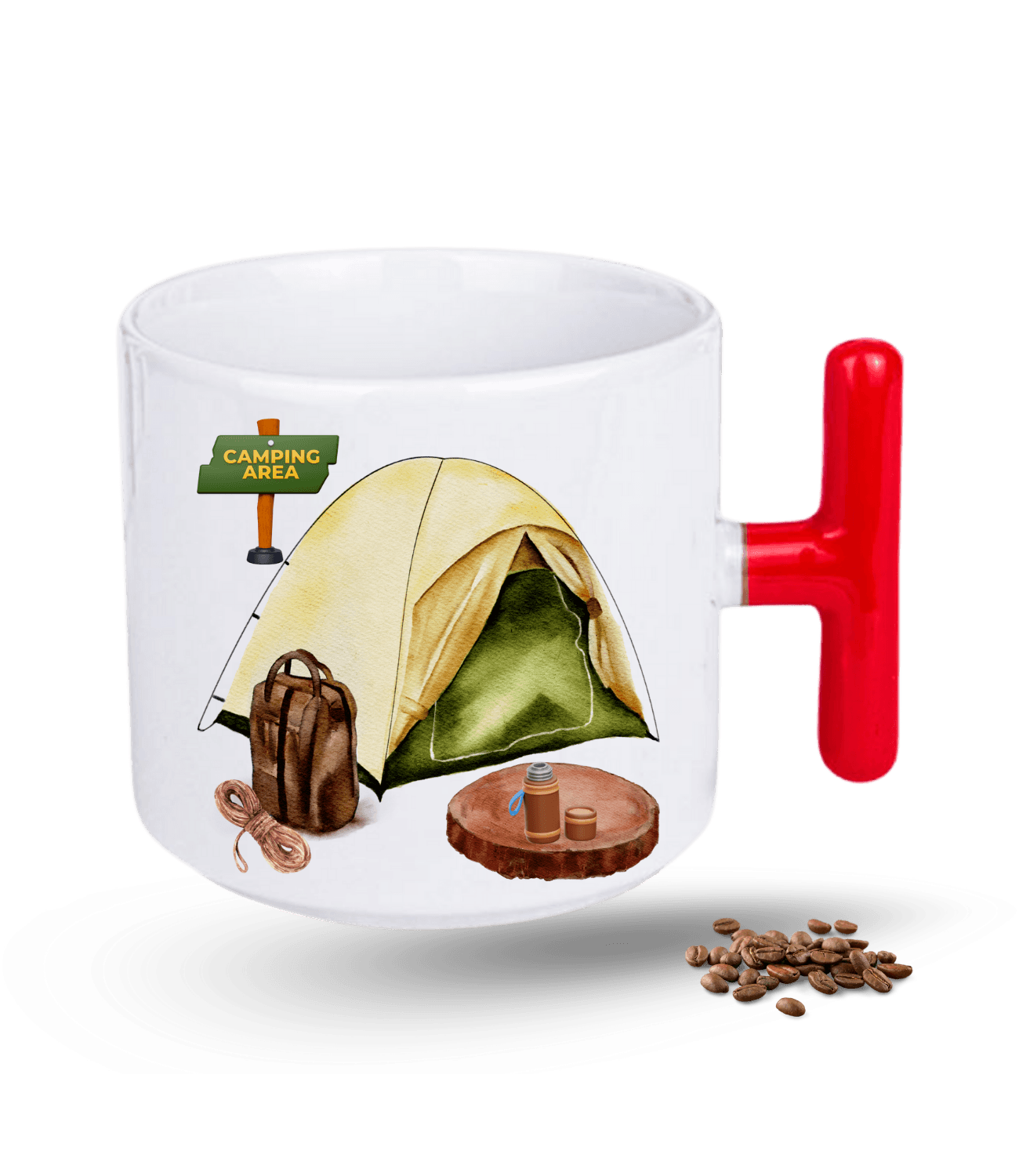 Camping Temalı Kamp Çadırı Baskılı T Saplı Porselen Kupa Bardak