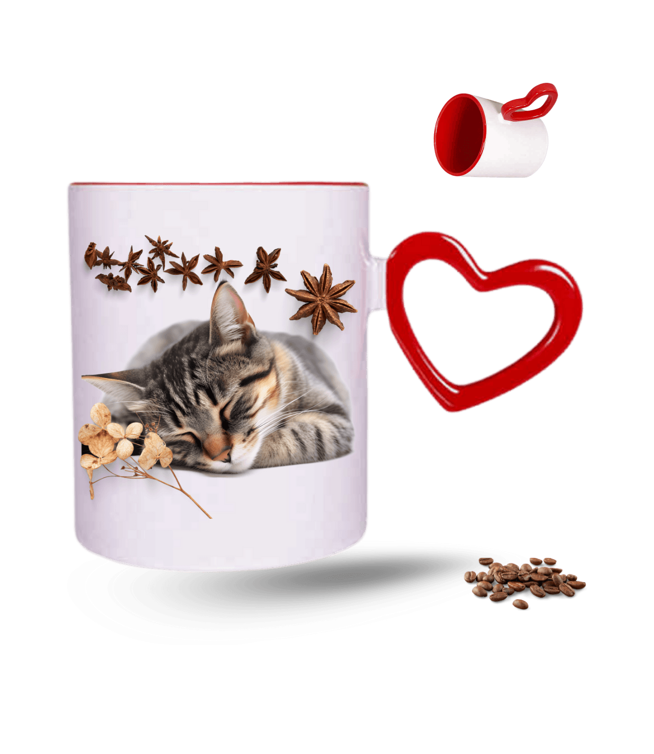Uykucu Kedi Temalı Kedi Sever Baskılı Kırmızı Kalpli Porselen Kupa Bardak