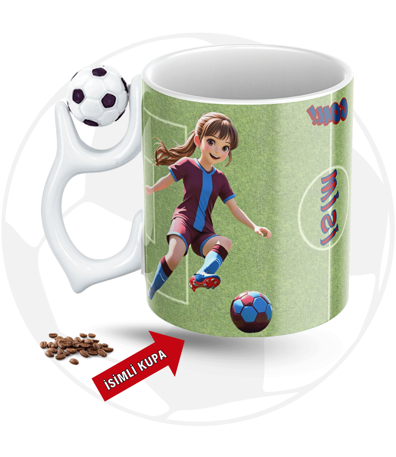 Bordo Mavi Kadın Futbolcu Futbol Toplu Kupa + Baskılı Pamuklu Tişört Kombin